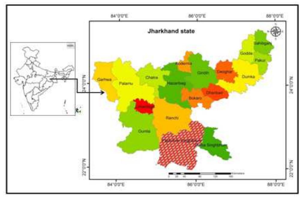 Figure 2. The location of the study area (2015) was utilized for visualization in the graph. The for- est fire data from 2005 to 2016 for the state of Jharkhand was downloaded from Forest Survey of India (http://fsi. nic.in/forest-fire.php) from 2005 to 2016. The forest fire point file data which retains the latitude and longitude was brought in GIS domain by exporting into point vector file using ARC/ GIS Software. Now each of the districts was evaluated for forest fire occurrence and frequency based on forest fires point data. The district wise forest fire percent was analyzed and high forest fire district was identified.