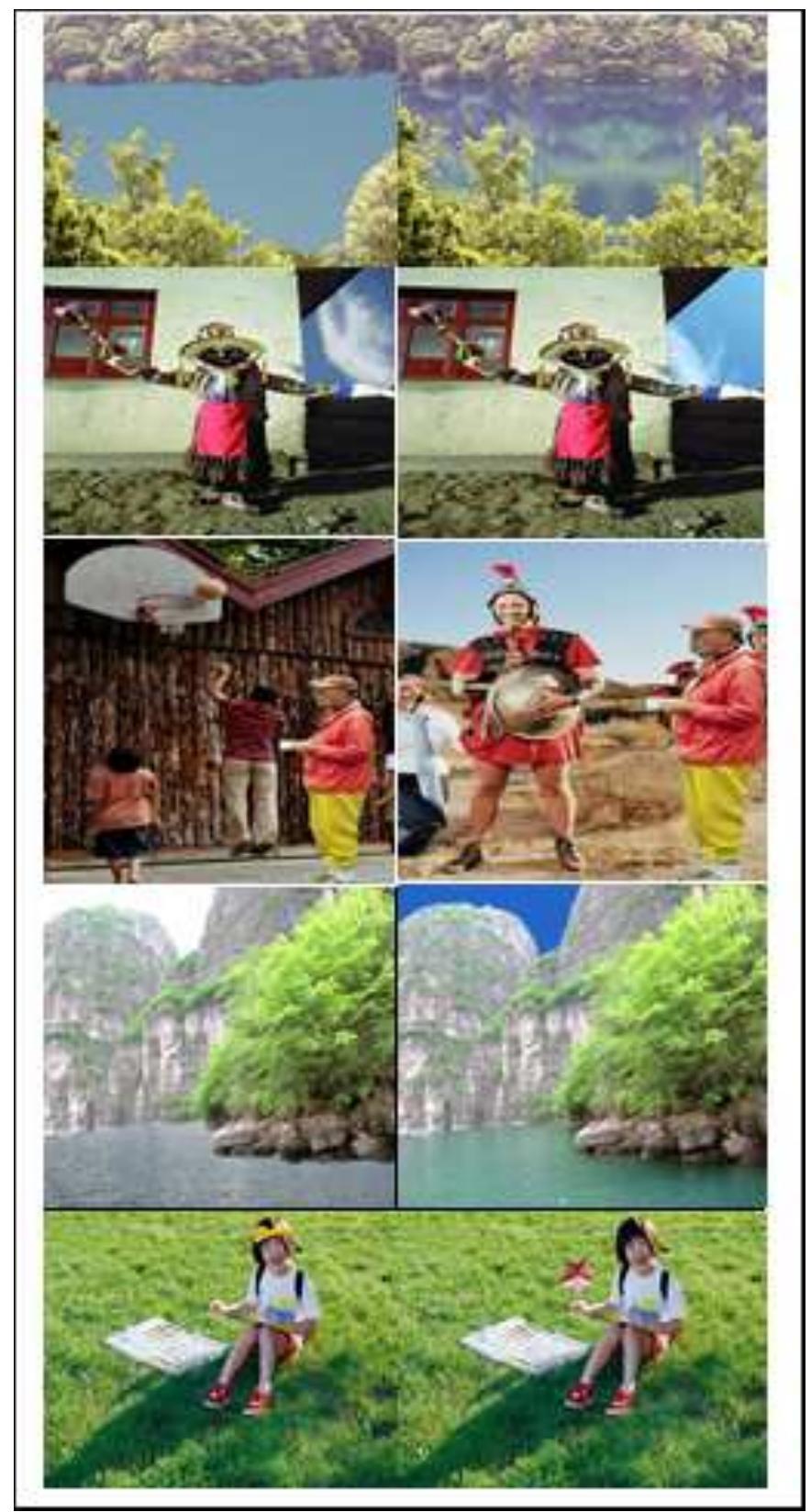 Figure 5.2: Authentic images (row 1) and Forgery counter parts (row 2).  When comparing “CAsIA [IDE vzZ.0° to V1.0, it has larger size, more naturalistic and challenging tampered images. It uses post-processing around tampered regions. It consists of 12,323 color images. 7,491 of the images are authentic and 5,123 of them are tampered. The digital images have various sizes that vary from 240x160 to 900x600 pixels. Unlike V1.0, that contains only JPEG format, V2.0 contains samples of uncompressed images in addition to different Q factors JPEG images. Authentic images are categorized into different categories as in V1.0, but with one additional "indoor" category to consider the image illumination impact. Figure 6.2 shows examples of authentic images (row 1) and their forgeries (row 2).  
