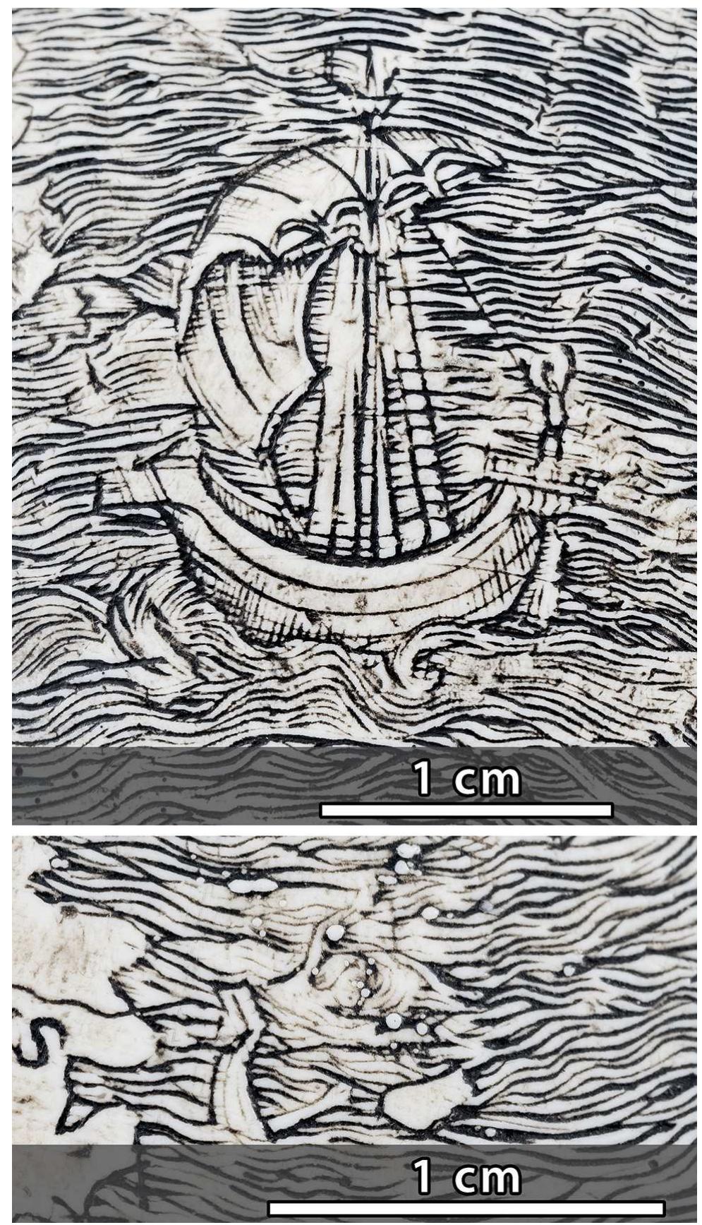 Figure 2. The upper part displays a large sailing ship in the eastern Indian Ocean. The lower illustration shows a drowning sailor next to his sinking ship remains. To appreciate the details, both excerpts of the egg globe feature a 1 cm bar.  Furthermore, the globe features a rebus — a sentence expressed pictorially — which is very ingenious: according to the vantage point, it is a drawing of Jonas and the monster or a volcanic island. 