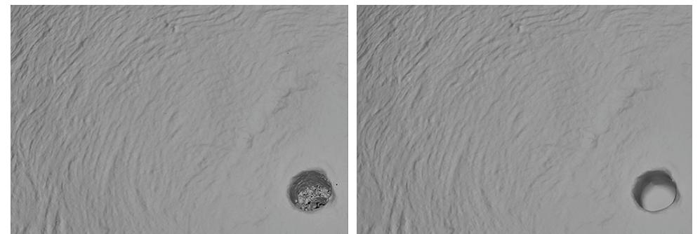 Figure 5. The polymesh as it came out of PhotoScan (left) and the cleaned, watertight mesh (right). Note the differences in and around the small drilling hole. Moreover, almost all surface engravings (0.1 mm wide on average) are visible.  In the next stage, various mesh errors non-manifold areas were fixed in 3 Studio 2013. In the end, we could watertight and two-manifold triangular close to uniform face distribution Alt perfectly suited to display and study t  such as small holes and D Systems’ Geomagic obtain an artefact-free, mesh (Figure 5) with a hough this 3D mesh is he small undulations on  the egg’s surface (Figure 5), a few additional steps are still needed to yield the final 2D map that depicts the unfolded  globe. Therefore, a UV unwrapping place to generate a map-like texture for  procedure was put into this surface model. 