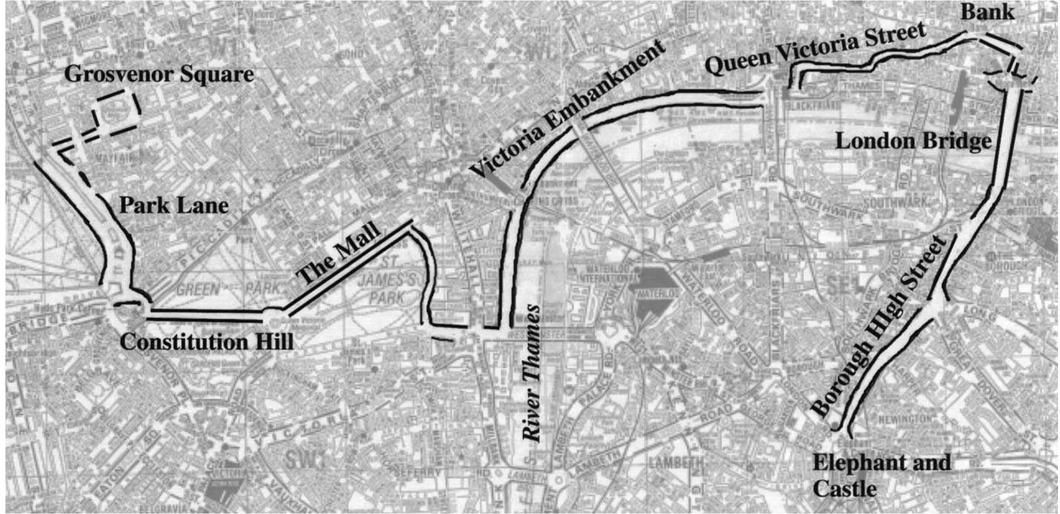 Figure 2. Map illustrating the complex route recalled by a taxi driver during a route scan. Subjects did not see any maps; they were blindfolded throughout. His speech output for this task follows: Pick up on Grosvenor Square in Mayfair, drop off at Bank Underground Station, then at the Oval Cricket Ground. . . “Grosvenor square, I’d leave that by Upper Grosvenor Street and turn left into Park Lane. I would eh enter Hyde Park Corner, a one-way system and turn second left into Constitution Hill. ’?d enter Queen Victoria Memorial one-way system and eh leave by the Mall. Turn right Birdcage Walk, sorry right Horse Guards Parade, left Birdcage Walk, left forward Great George Street, forward into Parliament Square, forward Bridge Street. I would then go left into the eh the Victoria Embankment, forward the Victoria Embankment under the Blackfriars underpass and turn immediate left into Puddledock, right into Queen Victoria Street, left into Friday Street, right into Queen Victoria Street eh and drop the passenger at the Bank where I would then leave the Bank by Lombard Street, forward King William Street eh and forward London Bridge. I would cross the River Thames and London Bridge and go forward into Borough High Street. I would go down Borough High Street into Newington Causeway and then I would reach the Elephant and Castle where I would go around the one-way system.... ” (end of scan). 