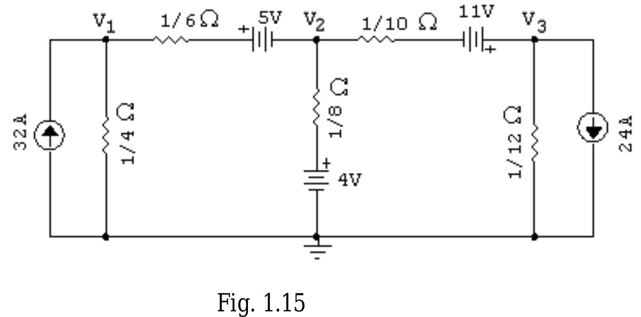 Solution: Transform the voltage sources of the given network in to their equivalent current sources as shown in figure (1.16).  Example 1.3 Find the node voltages in the circuit given below. 