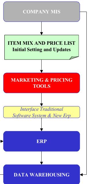 At the end, just ERP and Data Warehousing will exist. All other steps will be integrated into ERP Central Component. In another publication in fact will be described the implementation of an ERP-integrated system for defining item pricing at the level of single store, with different levels of authorization and linked to a release procedure involving different users. This tool, integrated with checkout cash counter, allows an on-line stock re- evaluation based on the quantities available in the database.  
