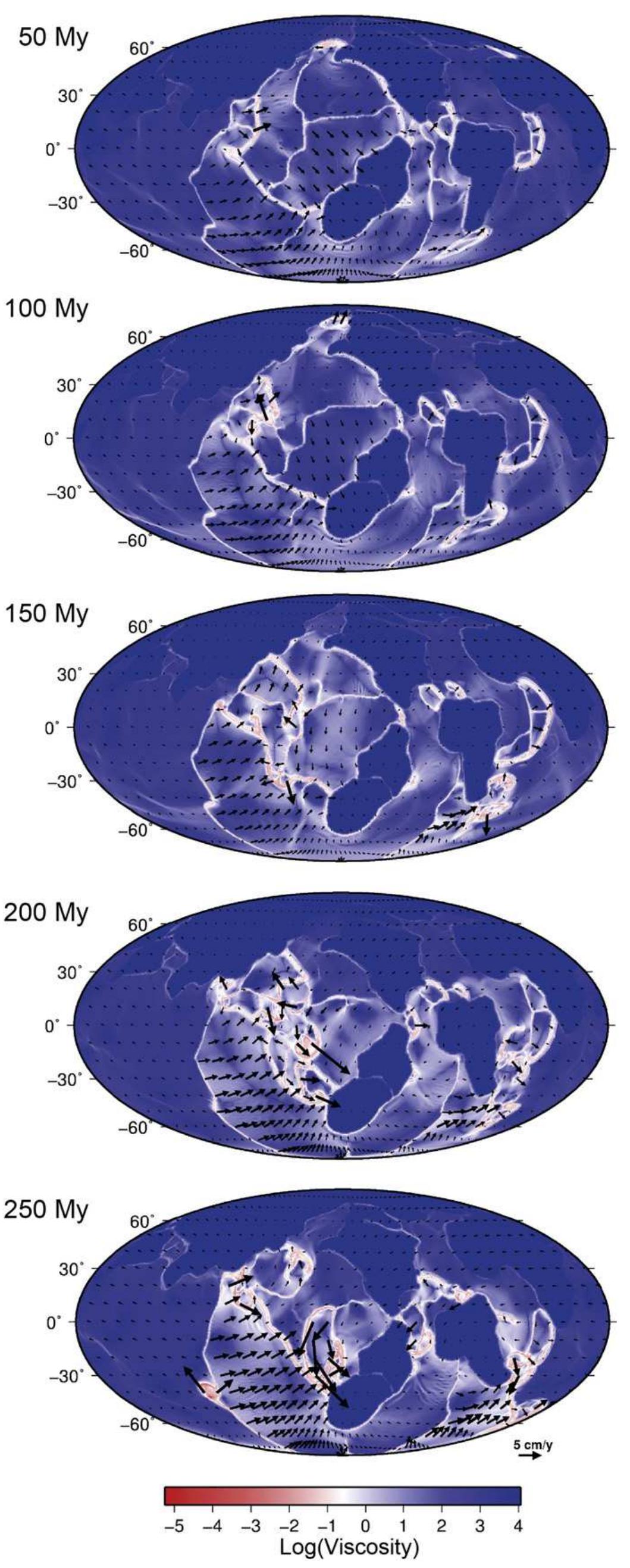Fig. 19. Maps of the dimensionless viscosity and kinematics of the surface of the model for different times. Low viscosity represent boundaries between more viscous material. 