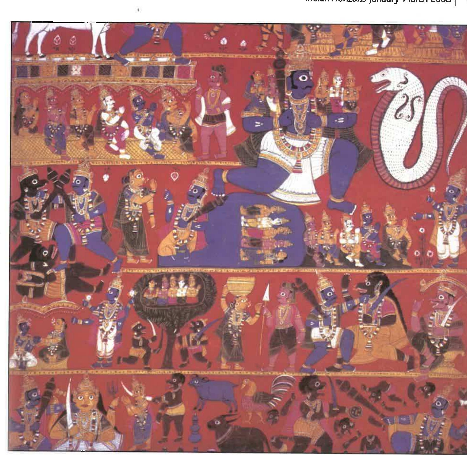 ‘ig. 2 b. Section of a caste-purana scroll from Warangal, Andhra Pradesh; mid-twentieth century, Scrolls of this genre depicting the stories of th srigin of different castes were narrated in front of the members of the concerned caste. Painted on an epic scale, these scrolls fused local legend vith Hindu puranas. Collection of the Crafts Museum, New Delhi. Photograph: Courtesy Jyotindra Jain 
