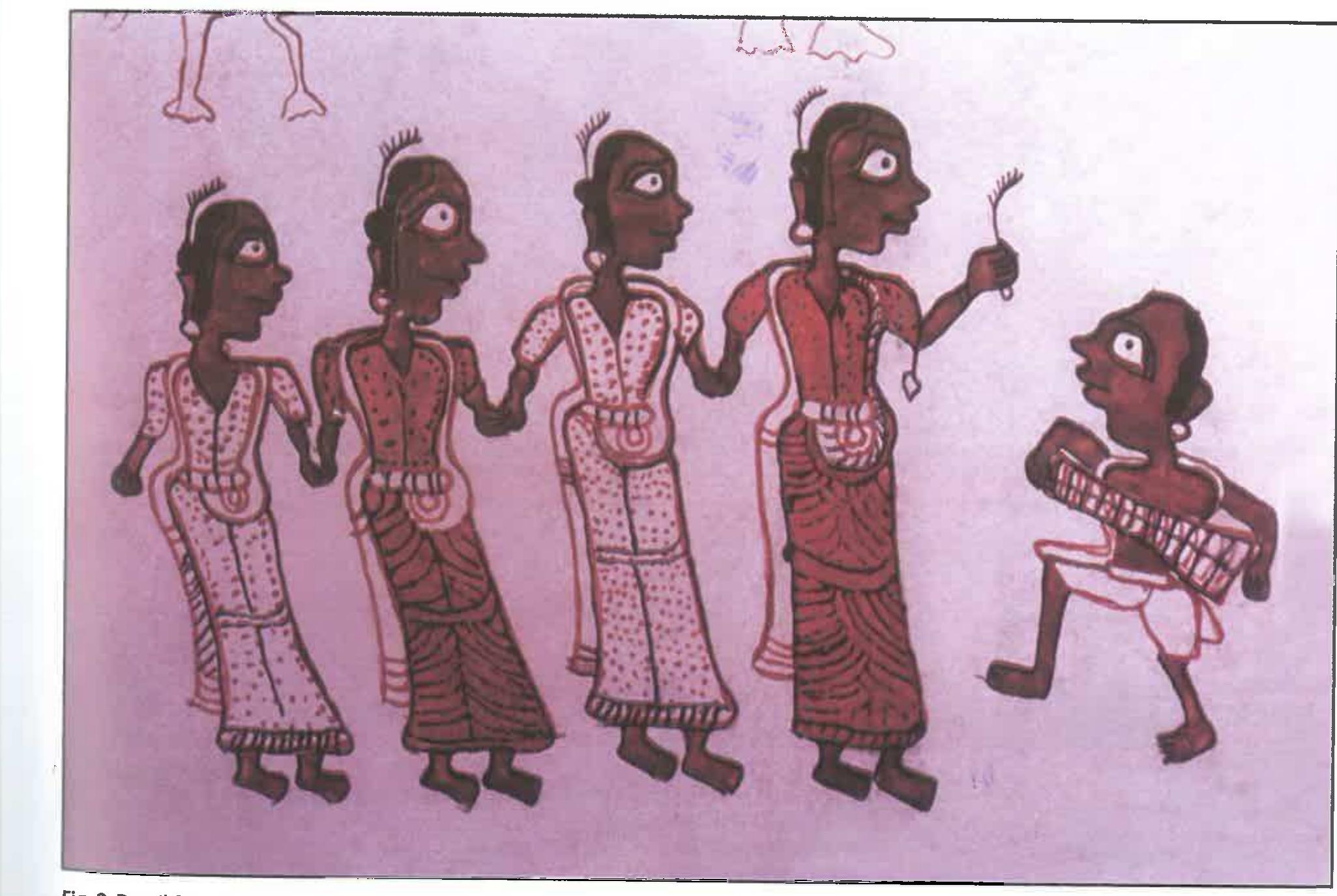 lg. &. Detail from a creation scroll depicting a Santhal tribal dance. West Bengal or Bihar, early twentieth century. Water-based colours on paper. Private collection, New Delhi. Photograph: Jutta Jain-Neubauer. Courtesy: Jyotindra Jain  Some scholars have attempted to apply the concept of darshan to understanding the gaze in Hindi cinema  chest. Mehboob then reframes the same scene from medium shot in order to register the moment that Radha becomes aware of his presence, of his desire for her, and turns and inclines herself slightly towards him, like a flower that turns towards the sun. She inclines her head toward him but does not or dares not look. This shot is in a sense a mirror image of the first shot in the sequence when Shyamu dare not look upon her face but only casts upon it a sidelong glance. The reverse symmetry of this construction recalls a pairing of shots earlier in the sequence where first Shyamu, then Radha, lead themselves, the bridal couple, around the marriage fire. Here the two shots register successive actions in the marriage ceremony, but the frontal construction of the shots establishes the reversible, reciprocal nature and equality of their roles in their union and marriage in formal terms,  The words thus elevate the implications of this marriage to the union of heaven and earth, giving the union of these two human individuals a cosmic significance. 