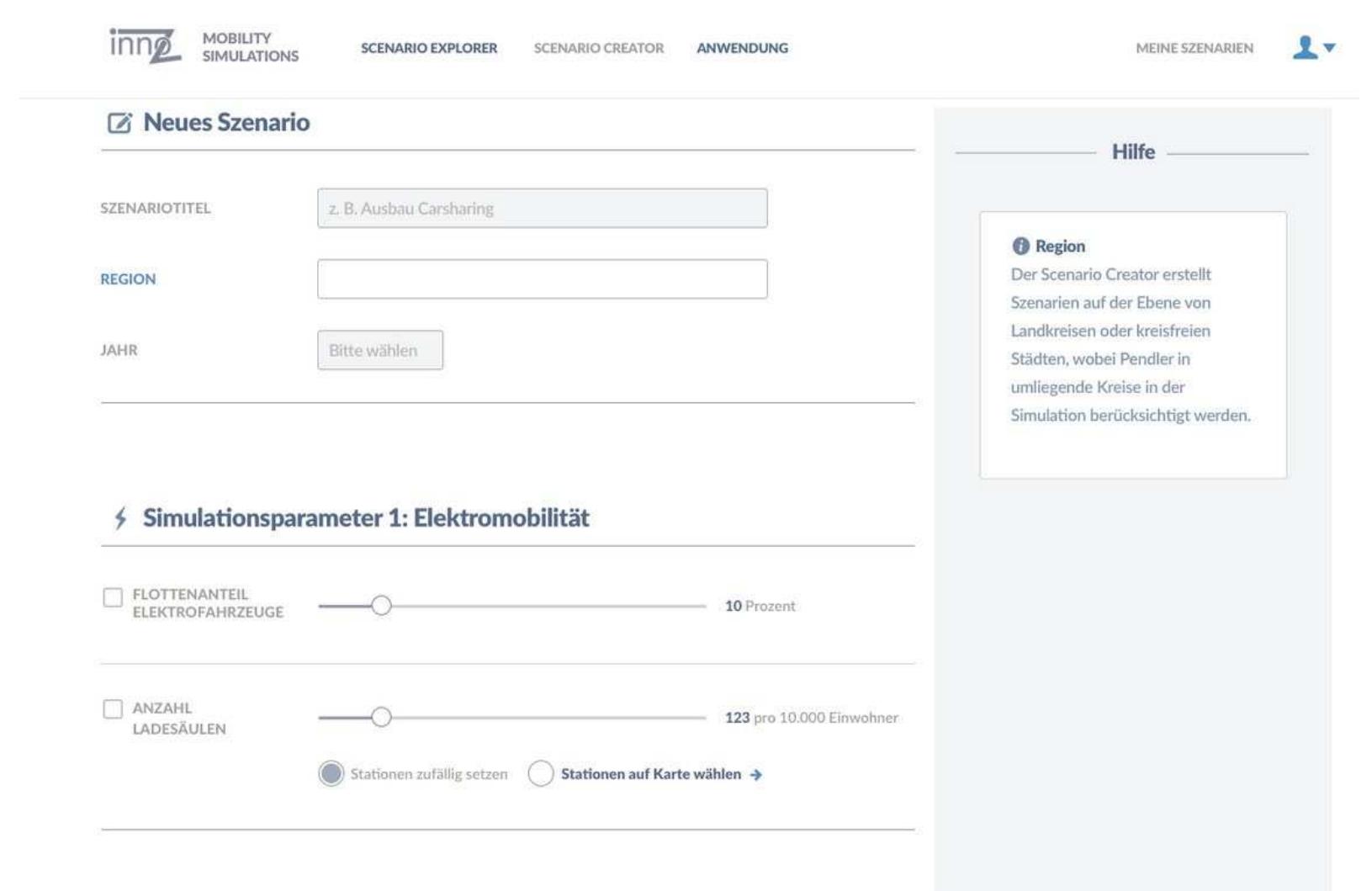Fig. 2: Preliminary concept for an interface showing the potential parameters to create individualised future mobility scenarios 