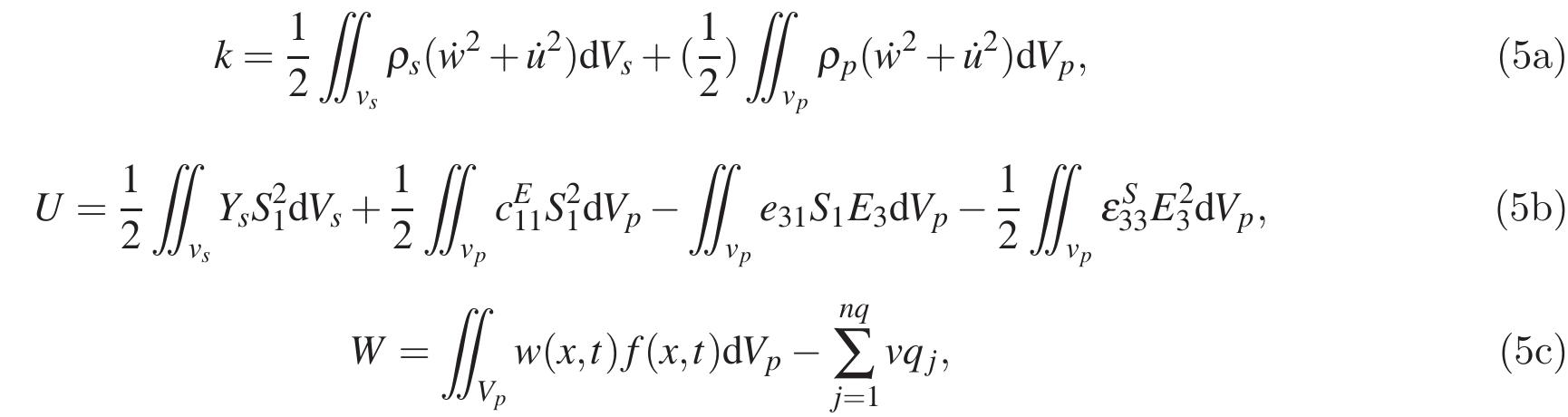 where V, and V, are the volume of the piezoelectric material and the volume of the substrate, respec- tively. In this work we assume there is no external force applied to the axial direction, the membrane The total kinetic energy, the total potential energy, and the work due to the external transverse direction force acting on the PZT unimorph strip can be written as,