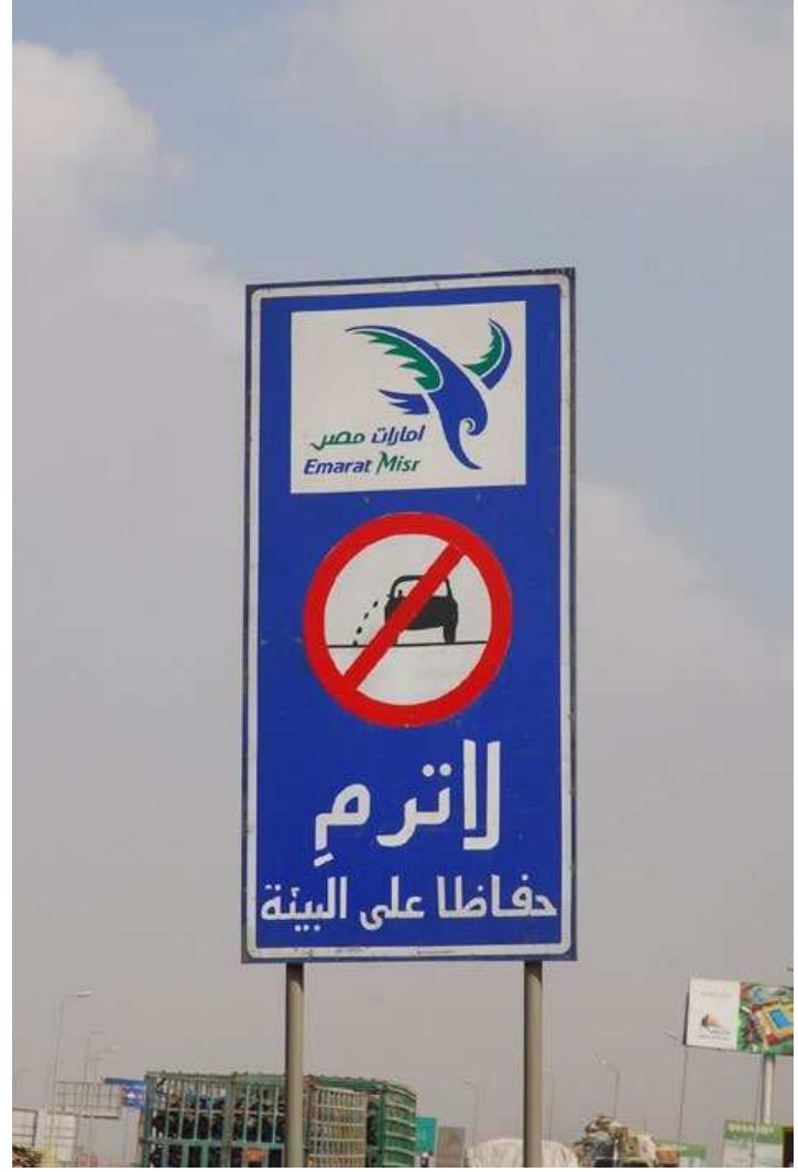 Figure 3 An anti-littering sign inviting motorists not to litter on grounds that they should ‘Protect the Environment’, something that is quite rare to see in Egypt. The location of the sign in the wealthy car-only neighbourhood of New Cairo and the fact that it is not government-sponsored are notewor- thy. Photo: Author. [Colour figure can be viewed at wileyonlinelibrary.com] 