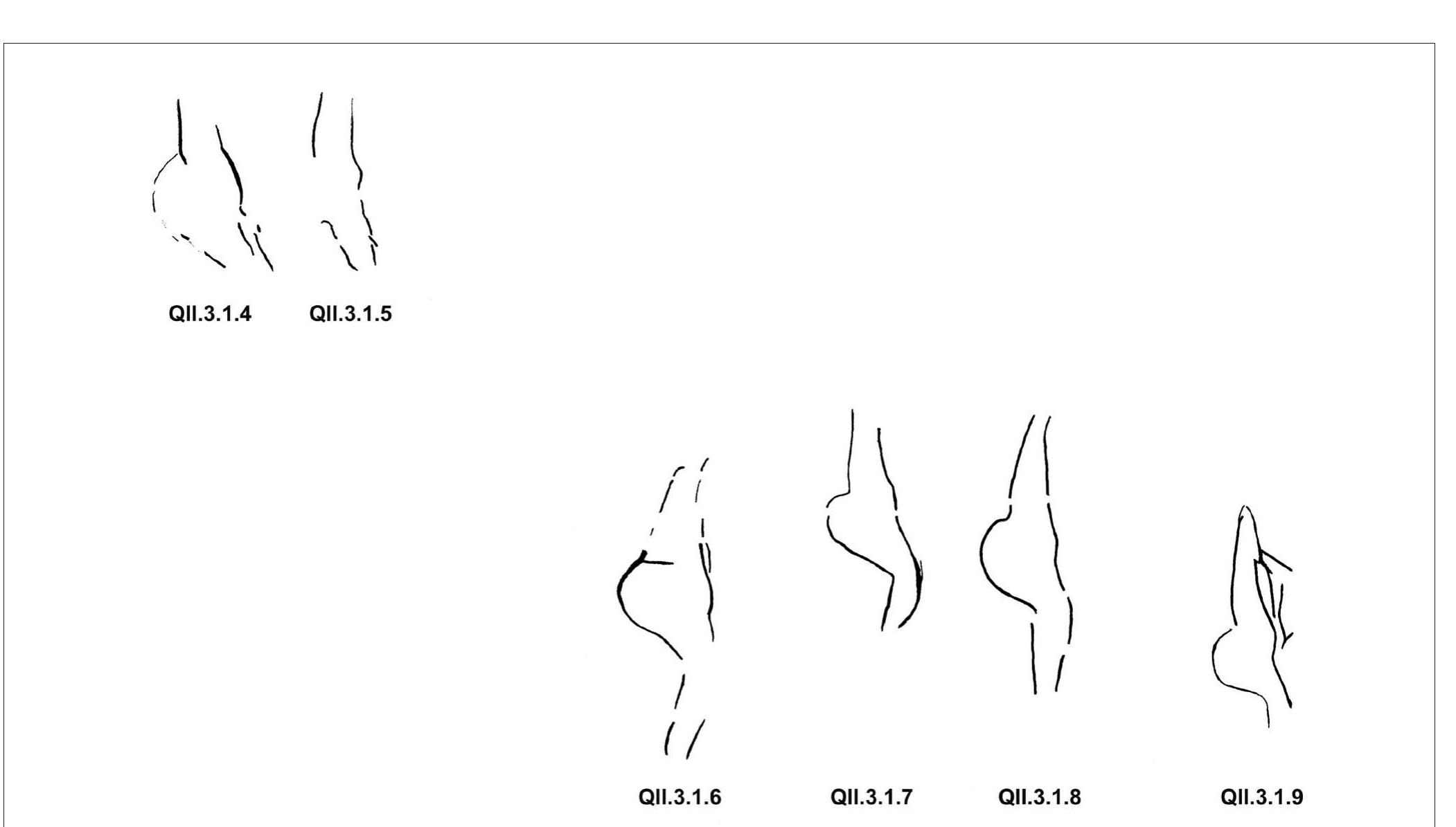 Fig. 4. — The six human figures QII.3.1.4-9 in panel QII.3.1 (to scale). The height of QII.3.1.6 is 18.5 cm (© RMAH, Brussels). 