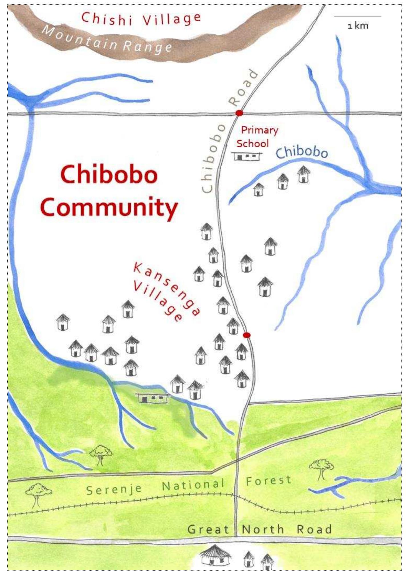 Fig.6 Map of Kansenga Village within Chibobo Community (map created by author)  Farms’ boundaries in Kansenga are widely known and undisputed. After passing through the National Forest for about 3 km north, Kansenga stretches for almost 7 km along Chibobo Road, the community’s major gravel road. From the southernmost household to the northern centre, where the community’s primary school and clinic are located, for example, a walk takes about 1.5 hours. The following map (Fig. 6) depicts the community,*! with the  two red dots marking the community’s central places that were described earlier.  two red dots marking the community’s central places that were described earlier. 