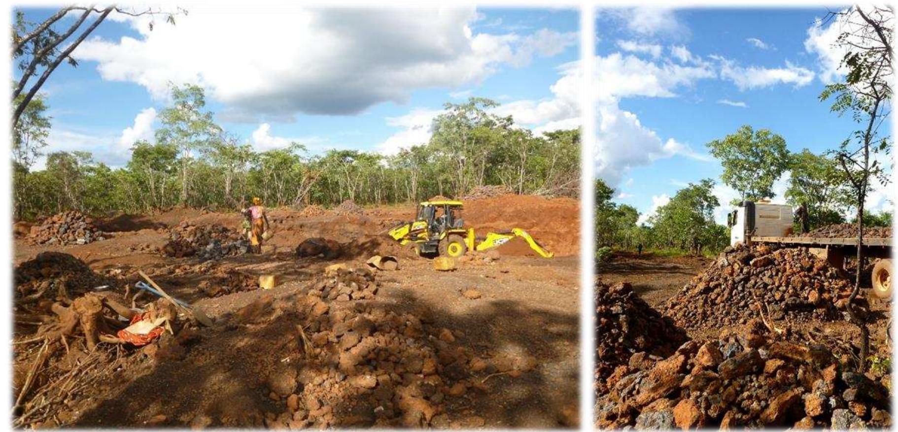 Fig.12 Quarry and reloading site of the Kabundi Manganese Mine  crush the larger ones.  points out that he prefers to employ women as they also pick smaller stones and do not just  198 To me, standing next to the pneumatic drill was associated with one of the most emotional moments during fieldwork. On March 14, five weeks before visiting the mine, I had ruptured my right eardrum on a rough trip to the Palace of His Royal Highness Chief Chisomo in Serenje’s lowlands. I had already accepted partial deafness and was happy that a painful inflammation was treated. My ability to hear 100% returned unexpectedly in that very moment standing next to the ear-battering drill. The vibrations had possibly removed a glued membrane. 
