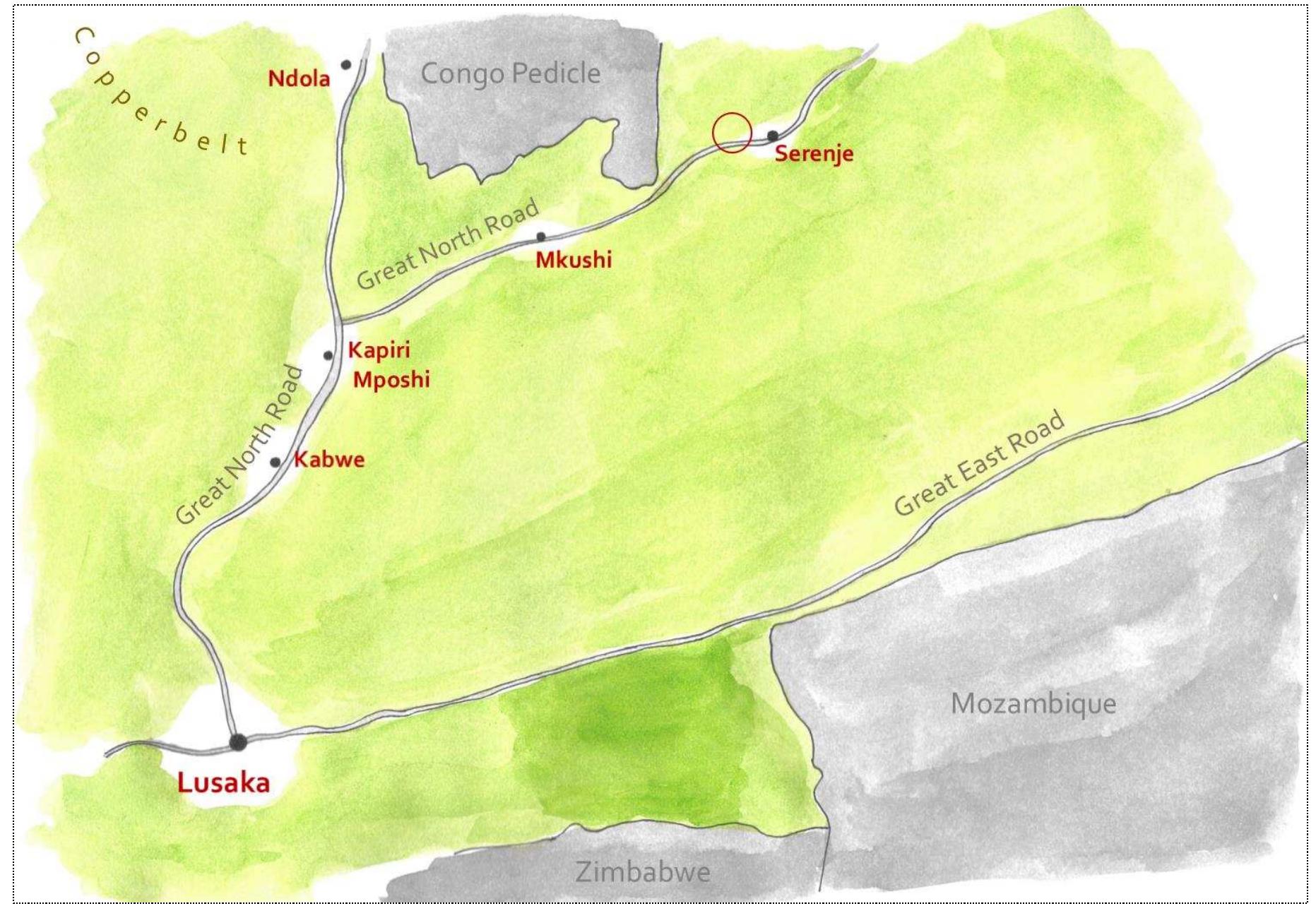Fig.14 Map of the Central Zambia with urban centres (map created by author).  | Mio. ha — were already occupied by ‘the Whites’ as they are called — commercial farmers who are feared as very serious businessmen. They are said to defend their vast property ever vith armed forces, so traders skipped this private land and started to source charcoal from he villages of Serenje District, starting from nearby the southernmost corner of the Congc Pedicle, and further inland. 