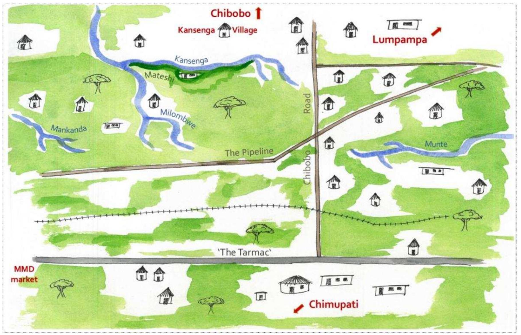 Fig. 20 Map of the Serenje National Forest by late 2012 (map created by author)  At least 40 Farms had come into existence, as pictured in the map below (Fig. 20). They vere now considered to be a new village of Lumpampa — the community to its immediate 1orth. Some of the Farms were settled by people from the surrounding villages, others were ised by them for farming only, and again others are used for farming by residents from 30ma. Over the last two years, the stretch between the tarmac and pipeline has been lepleted due to the production of charcoal. The land east of Chibobo Road has been entirely sold out’, and more houses and shops have been put up along the tarmac. In the meantime, yn the other side of Chibobo Road — west of it — a number of people had settled as well, but  yn their own initiative.  The vast majority of the new settlers had come from Chimupati and settled between the two streams of Mankanda and Milombwe, as this area was relatively deep within the Forest and thus expected to have the best virgin soils. Moreover, it was far enough from their home villages, yet still close enough to the tarmac and MMD. Their Chilolo from Chimupati was not involved as this land was considered to be part of Chibobo and thus even another chiefdom. Only now, in 2013, the Chilolo of Chibobo also begun giving out Farms ‘on his side’, that is, west of Chibobo Road. The next section will shed light onto this third strand  of change. 
