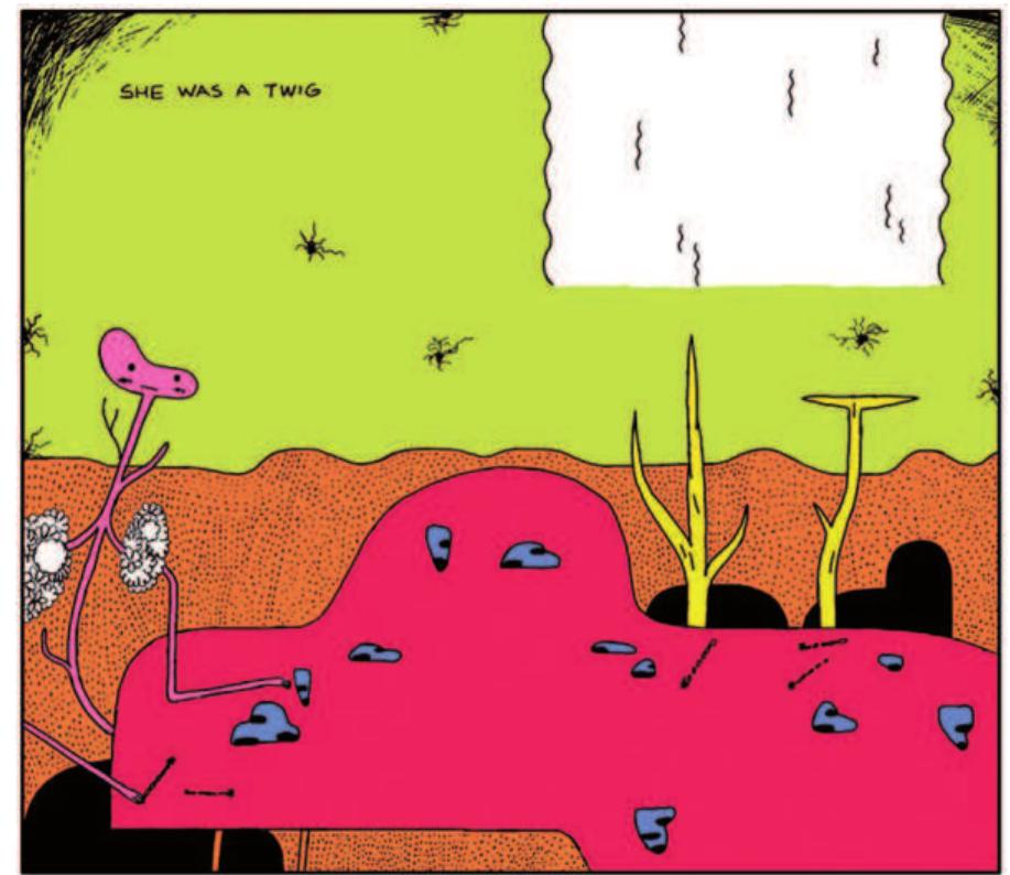 Figure 13. She was a twig. Reprinted with permission from Drawn and Quarterly. adult’s history and is thus inextricable from the adult’s present identity’ (352), knowledge of the separation between fact and fiction in screen mem. ory might throw the entire project of remembering into question, including the idea that who we are in the present follows from who we think we maj have been in the past. Moreover, because such thoughts about who we wer« in the past are always invariably based at least partly on forgotten experi. ence and knowledge, seeing the past as it really was may throw the fictiona qualities of our present situation into relief, bringing the judgments abou superiority that govern the life of a tree—and by extension, adulthood— into question as fiction; “The discoveries—when true ones—displace the finder” (Bollas 1995, 143). The lack of dialogue in this scene also preserves an overall sense of ambi: