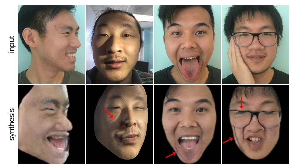 Fig. 17. Failure cases. An input with an angled face and a non-neutral expression can lead to artifacts (first column). The input has a strong shadow, which cannot be removed, when synthesizing a new viewpoint (second column). Occluding objects such as the tongue (third column), the hand, and glasses (fourth column) also cannot be  removed in the synthesis. 