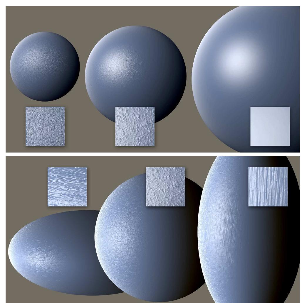 Figure 5: Deforming sphere with dynamic microgeometry. (Top) The microstructure becomes rougher through displacement map sharpening when shrunk, and smoother through blurring when expanded. The insets show details of the specular highlights. (b) Anisotropic compression and stretching yields anisotropic mi- crostructure. 