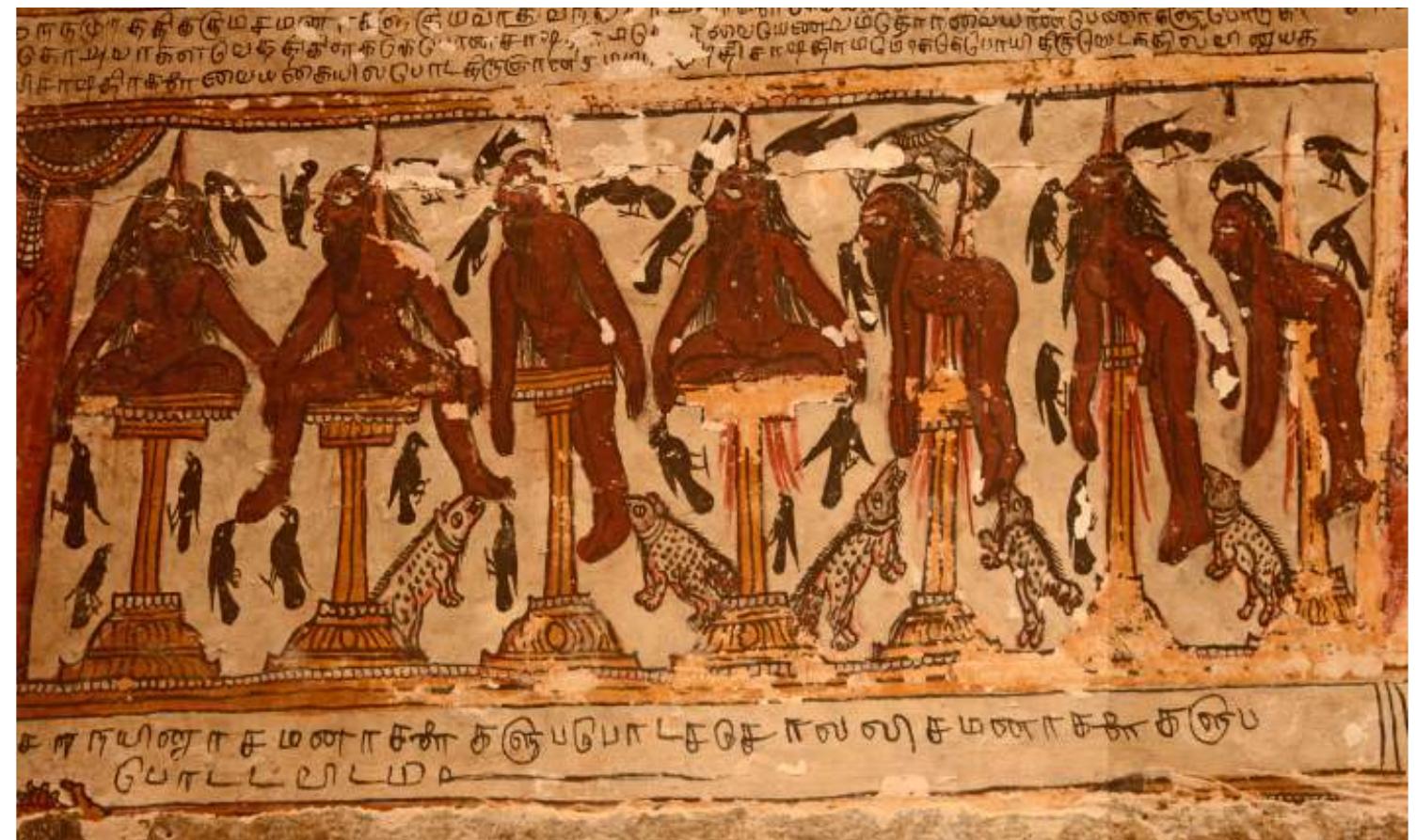 Mural on the ceiling of Avudaiyar Koil at Pudukottai District showing the impalement.  Mural also depicts Crows and other unidentified animals feeding on impaled copses. Photo by P. Jeganathan. June 24, 2016. Licensed under CC-BY-SA-4.0. 
