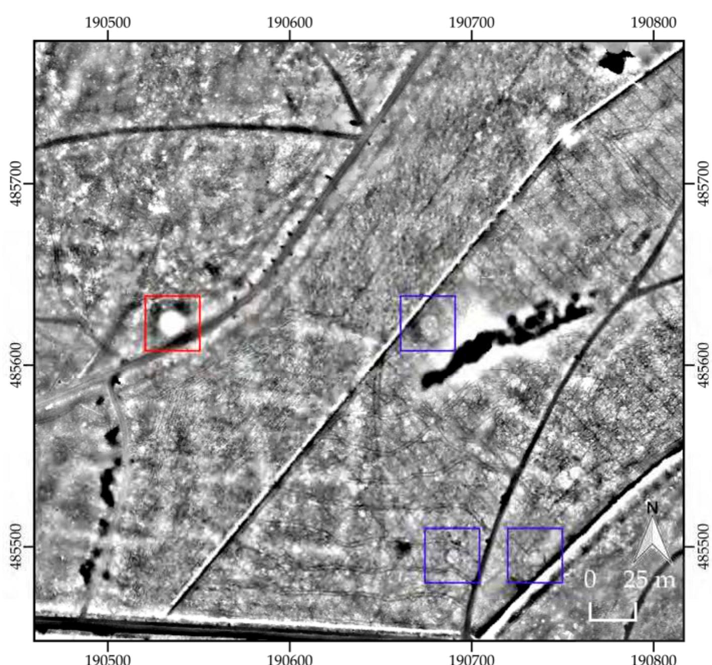 Figure 4. Sample of LiDAR data (source: Reference [63]; coordinates in Amersfoort/RD New, EPSG: 28992), visualized with Simple Local Relief Model, from the research area, showing a potential new barrow (red) and charcoal kilns (blue) amidst a Celtic field (white checkerboard pattern). 