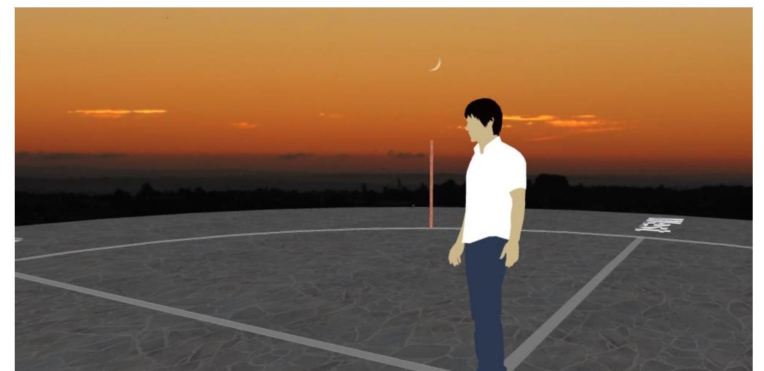 Figure 1: The observer has prepared a pole on the expected azimuth of the lunar crescent along the outer rim of the Indian Circle and observes from its center. 