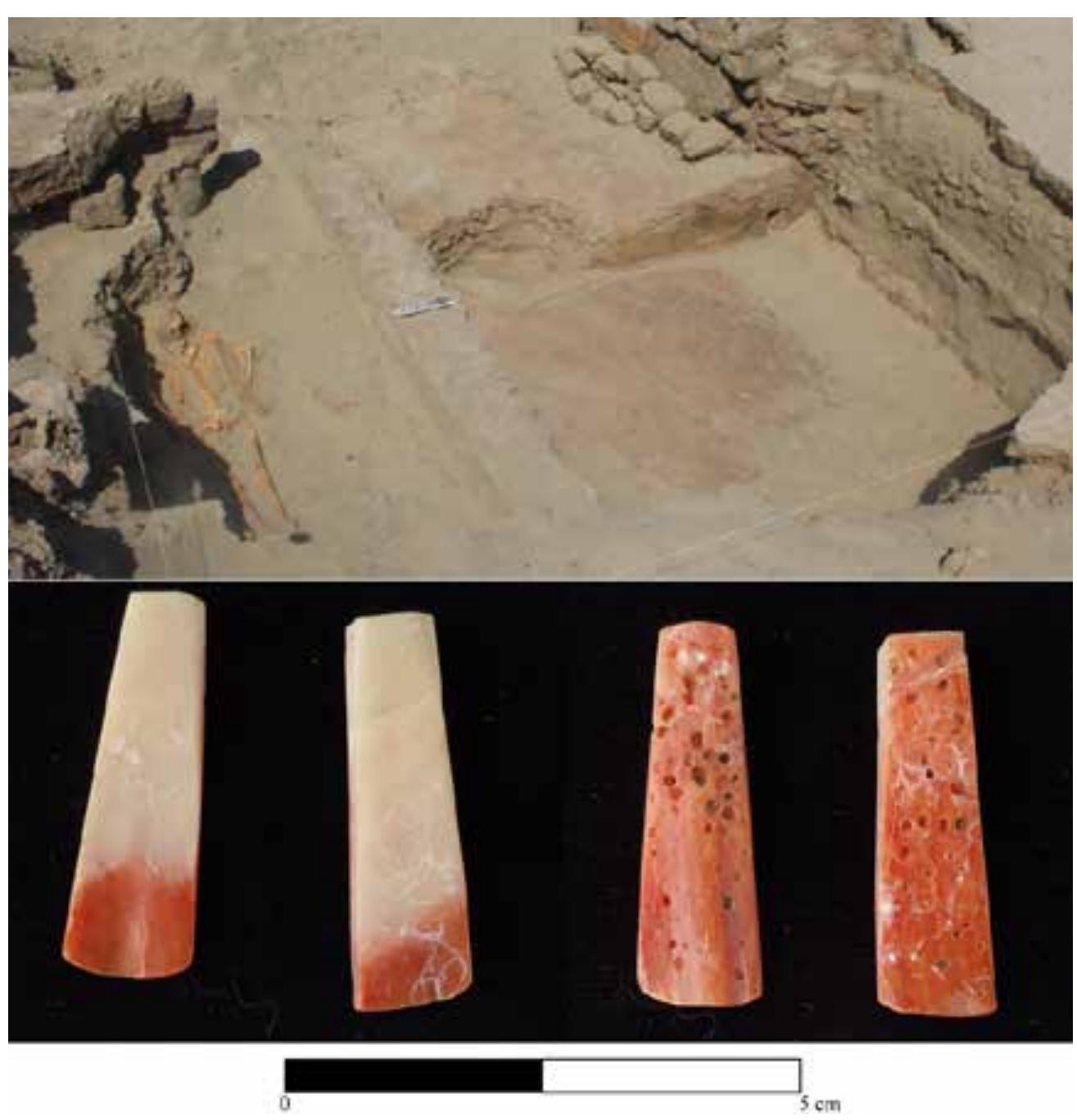 Figure 7.6. Ramp associated with the earlier immolated stepped platform (not shown) and pregnant woman placed within the trapezoidal altar (upper register). Spondylus pendants discovered in the post emplacements are associated with the later rectangular dais that enveloped the trapezoidal platform. Images courtesy of Edward Swenson. 