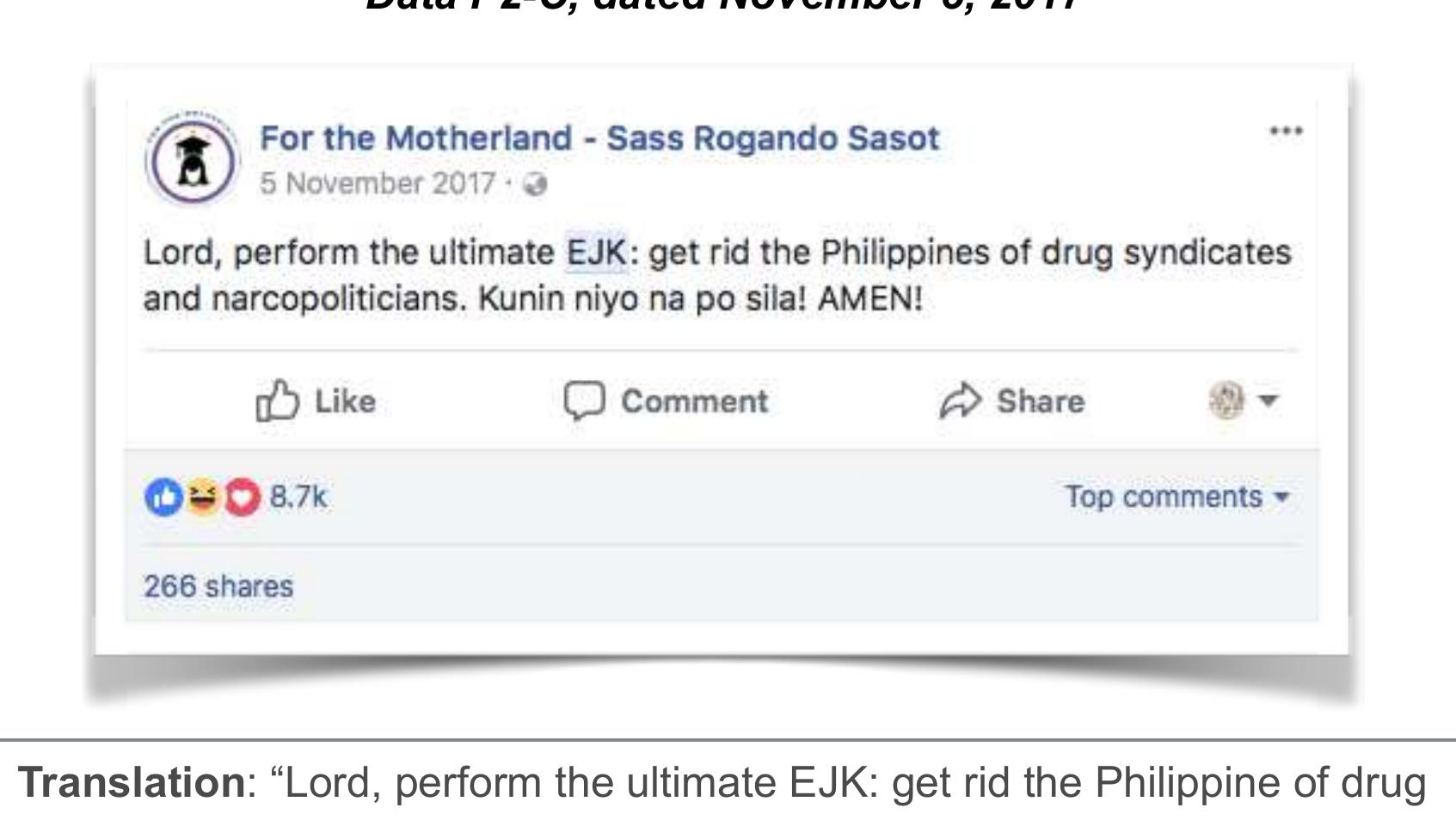 Data P2-C was a very blunt post, in the form of a prayer, about the issue
 of extrajudicial killings (EJKs) in the country.
 The post opened with the word “Lord”, which ultimately gave the post the
