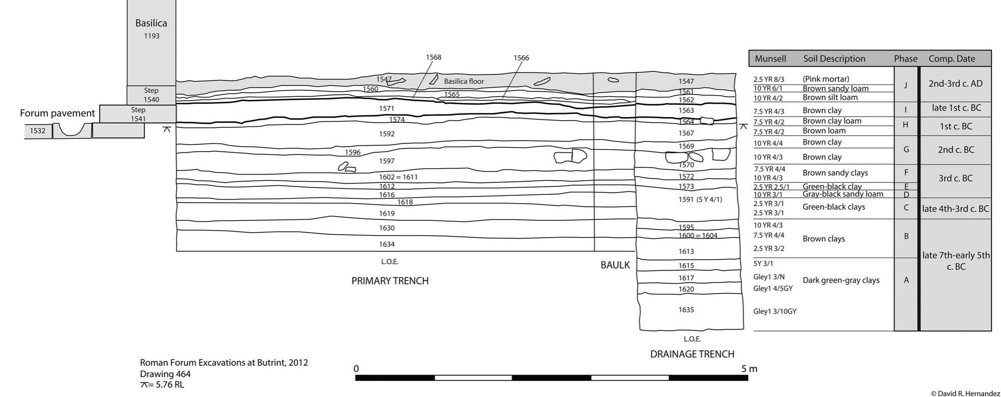 Figure 10. South-facing section showing stratigraphy of waterlogged deposits below the floor of the Basilica (Unit 21). 
