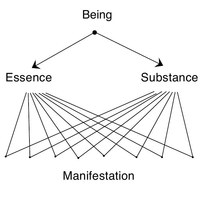 Alternative polar model of the complementary polarities of Being combining for the generation of manifestation.  Forma & Materia  In traditional metaphysics the more limited and individualised aspect of Essence is known as individual 'form'.41 Form, or forma in the peripatetic sense of the word, is the synthesis of the qualities that constitute the individualised essence of a thing or being (as opposed to the totality of Being). Form partakes of Essence but does so in an individualised and conditioned way. Form signifies the intelligible reality of a thing, quite independent of that thing's material existence; it is the individualised and discontinuous aspect of Essence. So when each form unites with Substance, and providing that a similar differentiation has occurred in Substance, then a limited and individualised manifestation is brought about. This occurs in the domain of individualisation, distinct from the non-individualised principial realms of Essence and Substance. In effect, when form actualises Substance, Essence becomes relative and individualised; similarly, Divine Qualities become projected as qualities of individual manifestation. Form as forma (Latin), morphe or eidos (Greek), or nama or surah (Sanskrit) represents in a limited way the active pole of Essence. The differentiated Substance in this relative mode is materia secunda. It is impossible to conceive of a partial Substance because Substance is unintelligible. Substance as materia prima is the totality of potentiality, the root of 'otherness'. Materia secunda is a partial or relative component of materia prima in the same way that form is a partial or relative reflection of Divine Essence. It could be said that the undifferentiated continuity of materia prima and materia secunda is the material substrate of the Principle of Being, whereas discontinuity is the hallmark of the creative act in which Being is manifest as individual beings.*? Materia as materia secunda and materia prima (Latin), hyle (Greek) and rupa (Sanskrit) represent in a limited way the passive pole of Substance. From the point of view of complementary opposition between forma and materia, forma represents the reality of an object and materia for its part represents the passive support of that reality.  In traditional metaphysics the more limited and individualised aspect of Essence is known as 