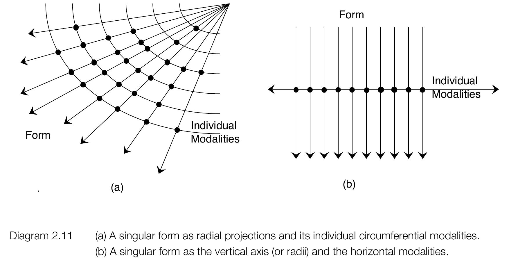 Two distinct models have been developed so far in this dissertation. The first model concerned the generation of existence from the union of the projected illuminating rays of Principial Essence and the concentric measured degrees of Universal Substance. At an individual level, this model is also the action of forma upon materia secunda. The second model established the relationship between the Principial Essence and the concentric measured degrees of Universal Substance as a rectilinear polar reunion. It is proposed now to examine the two models in further detail and to show their interrelationship to the extent that they could be interpreted as one and the same (Diagrams 2.11(a) & 2.11 (b)). If the individual projected forms have a central vector, then the intersection can be geometrically interpreted as a radius intersecting with a circumference; if multiple forms and multiple states of existence are considered, then there will be multiple individual modalities represented by each intersection. If viewed as a simple cross of the intersection, then the radius could be considered as indefinite in length, the horizontal state of existence as indefinite radius, and the diagram is resolved as a rectilinear intersection. 78 
