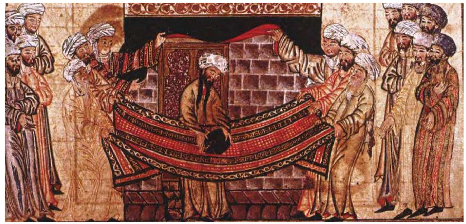 The Prophet (PBUH) and leaders of the four tribes lifting the ‘black stone’ or al/-Hajar al-Aswad, into place on the eastern corner of the Ka’bah. This scene depicts the manner in which the Prophet raised the stone and resolved the issue of who of the four tribes would raise the stone. Each raised a corner of the carpet. 