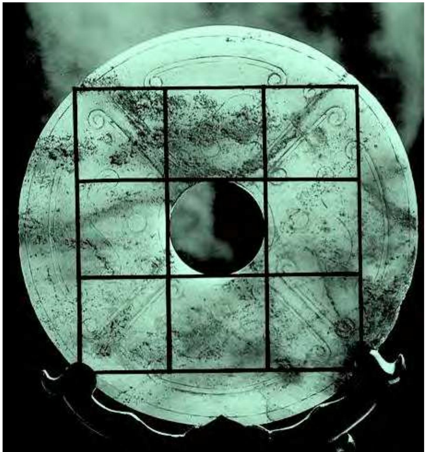 The Holy Field matrix may be related to the curious ancient Chinese ritual object known as the bi, which have been manufactured in China from neolithic times, generally in jade (Image 9.9). Early examples from the Zhou dynasty are regulated by the 3x3 matrix and result in the centre hole being proportionally regulated by the overall radius of the b/. The outer circle of the b/ symbolises heaven and the inner circle is regulated by the earth, albeit depicted as a circle but also as a square in many ancient Chinese coins. Thus, yin and yang are in balance and the centre is a manifestation of order and heaven’s influence on the earth.43 