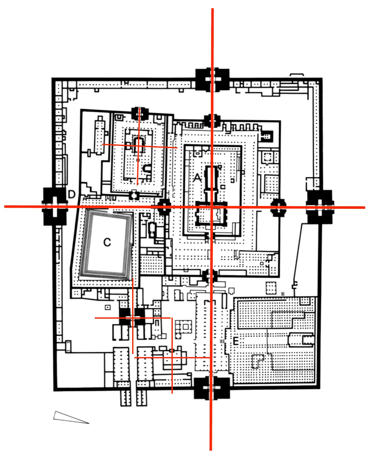 lan of Meenakshi Amman Temple, the city temple of Madurai, southern India. The rectangular plan implies the cross, but the cross S made explicit by the location of the enormous temple gateways or yopuram. |n plan, the cross finds multiple expressions in every part of he complex, sometimes into the thousands, since each element is  an expression of the cross.  To illustrate how the spatial cross is made explicit, several examples from the millions that could be examined are discussed, in terms of both two and three dimensions. The monumental entry gateways known as gopuram of Southern Indian temples display this form of quadrature spectacularly. Unlike their northern counterparts, these large city temples are generally enclosed in surrounding walls. The temple is actually a complex of major and minor temples, bathing ghats, courtyards, support structures and schools and other institutions and the complex is often a layered expression of the embedded cross in the horizontal plan (Images 10.3 & 10.4). 