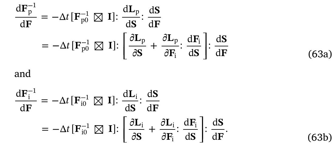 can be expressed based on the differential of its inverse. Taking total  derivatives of Eqs. (51a) and (51b) provides the differentials of the inverse components F,’ and Fj! as  The sensitivities JL,/dS and dL;/dS are provided by the constitutive laws (see Appendix D for details). dF/dS, required in Eqs. (63a) and  (63b), is obtained by taking the total derivative of Eq. (51b): 