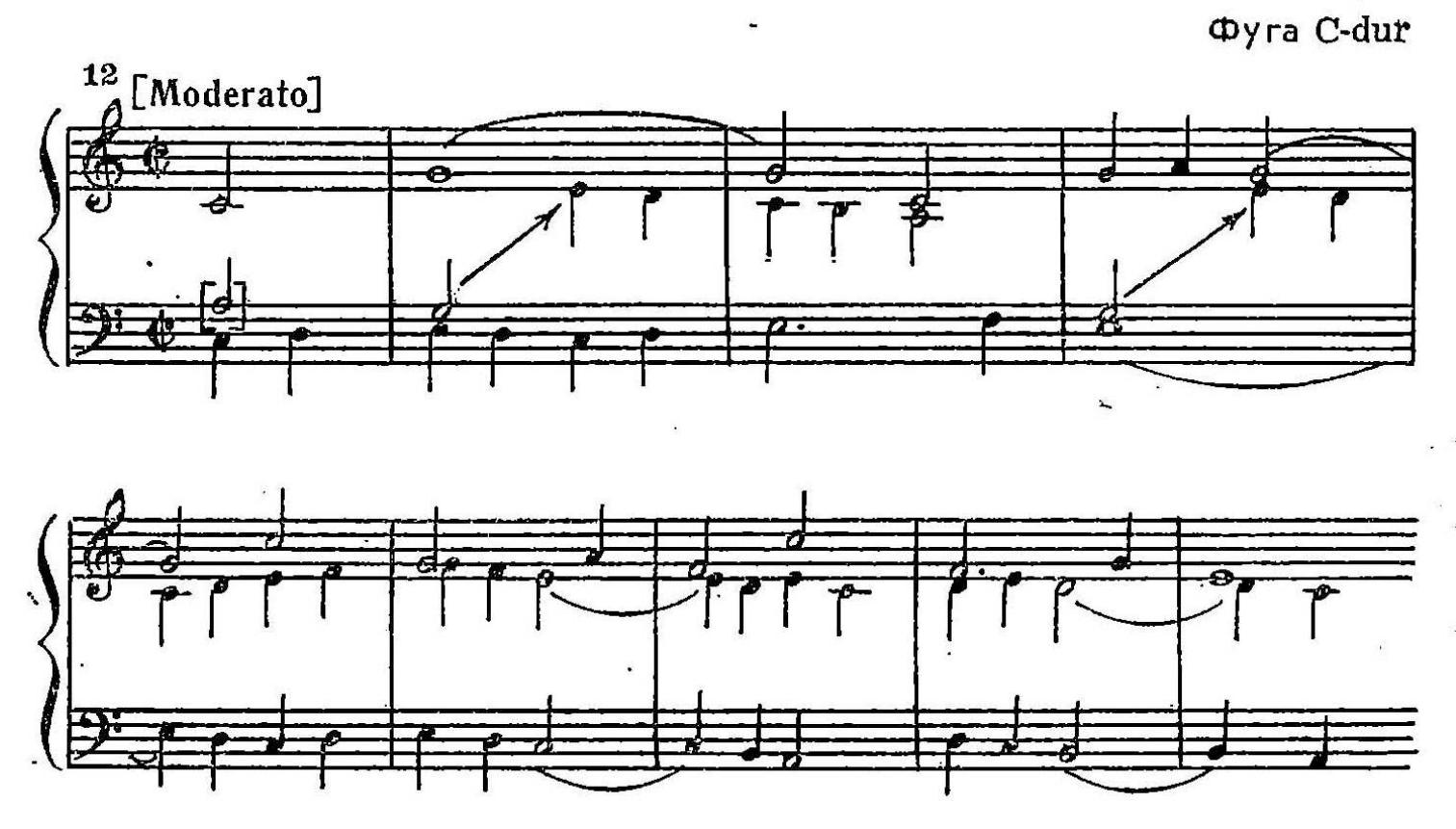 Example 3.10: Mazel’s Example 12, pitch content of both countersubjects  points out how the countersubjects help to emphasize the modal nature of the fugue 