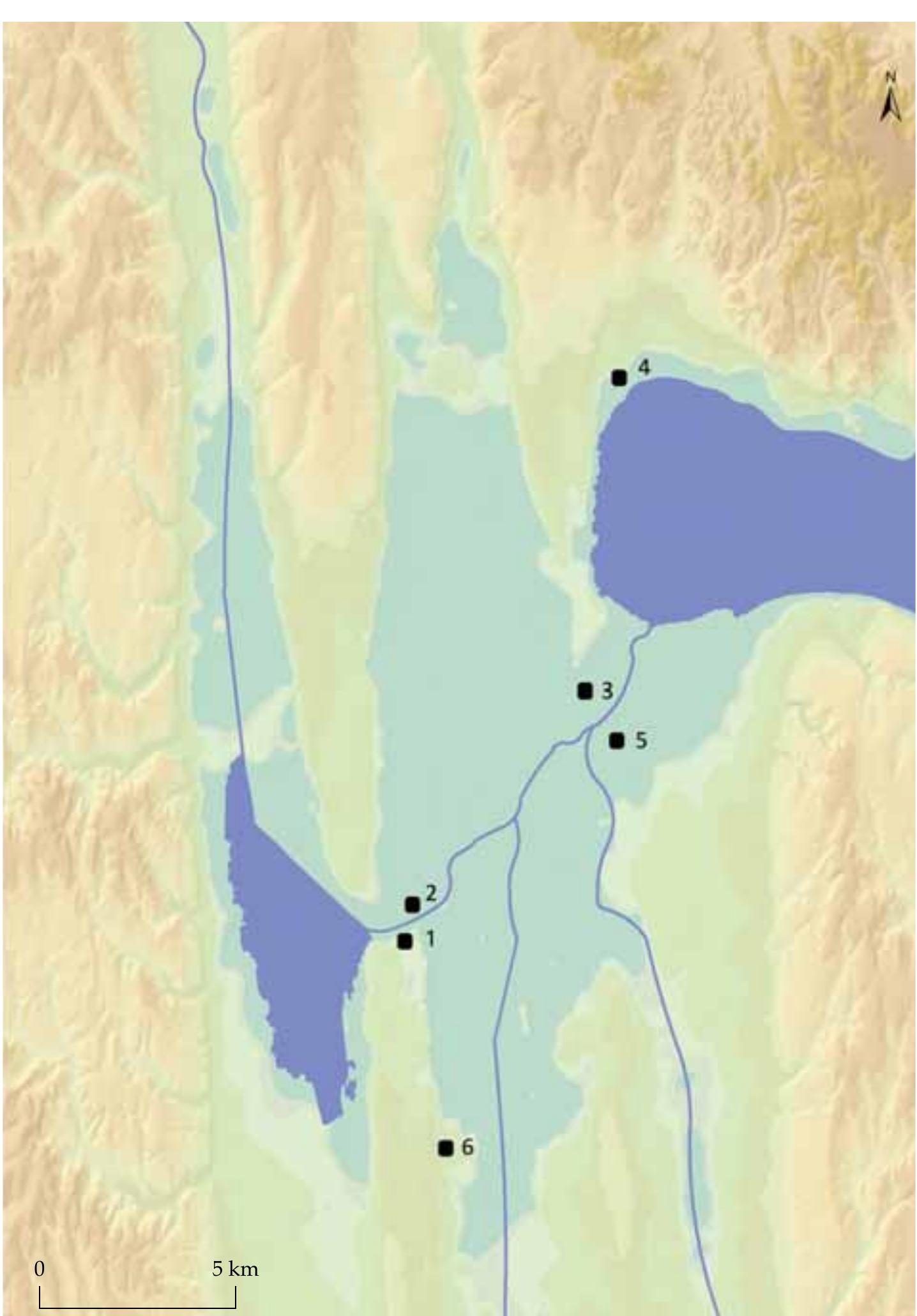 Fig.1 Geographical situation of the main sites mentioned in the text in the Little-Balaton region. 1 Balatonmagyar6éd-Hidvégpuszta, Déli rév; 2 Zalavar-Balatonhidvég; 3 Keszthely-Fenékpuszta, Halaszrét; 4 Keszthely-Zrinyi u.; 5 Vors-Mariaasszony sziget; 6 Balatonmagyar6d-Kapolnapuszta.  Judit P. Barna, Gabor Serlegi, Zoltan Fullar and Eszter Banffy 