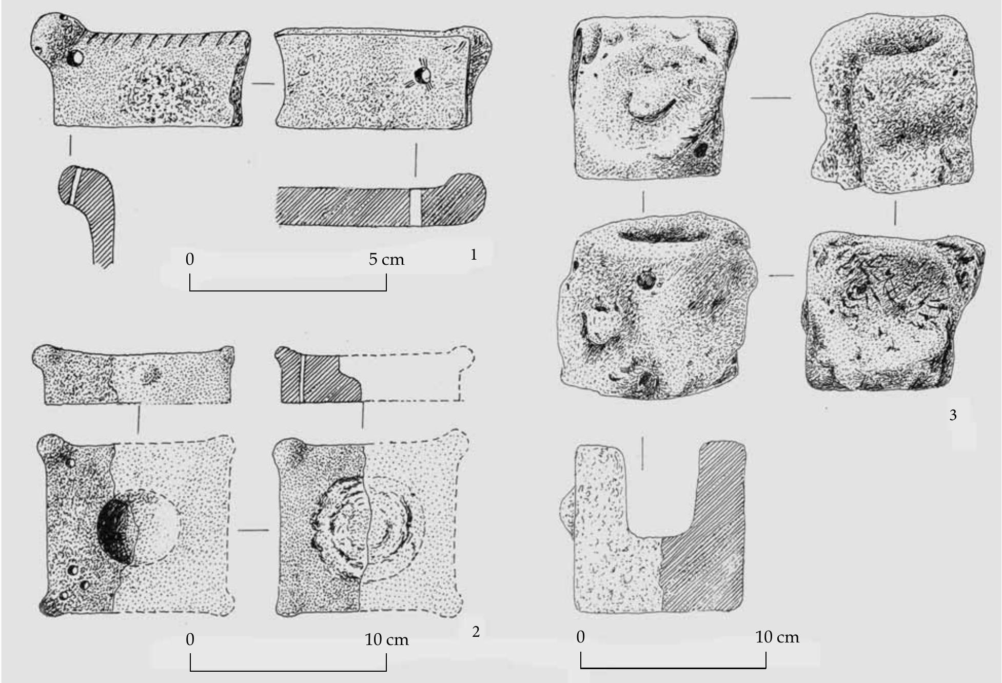Fig.5 Fragments of finds related to rituals. 1 Feature 11; 2 Feature 131; 3 Feature 79.  A circular enclosure and settlement from the mid-fifth millennium BC at Balatonmagyaréd-Hidvégpuszta 123 