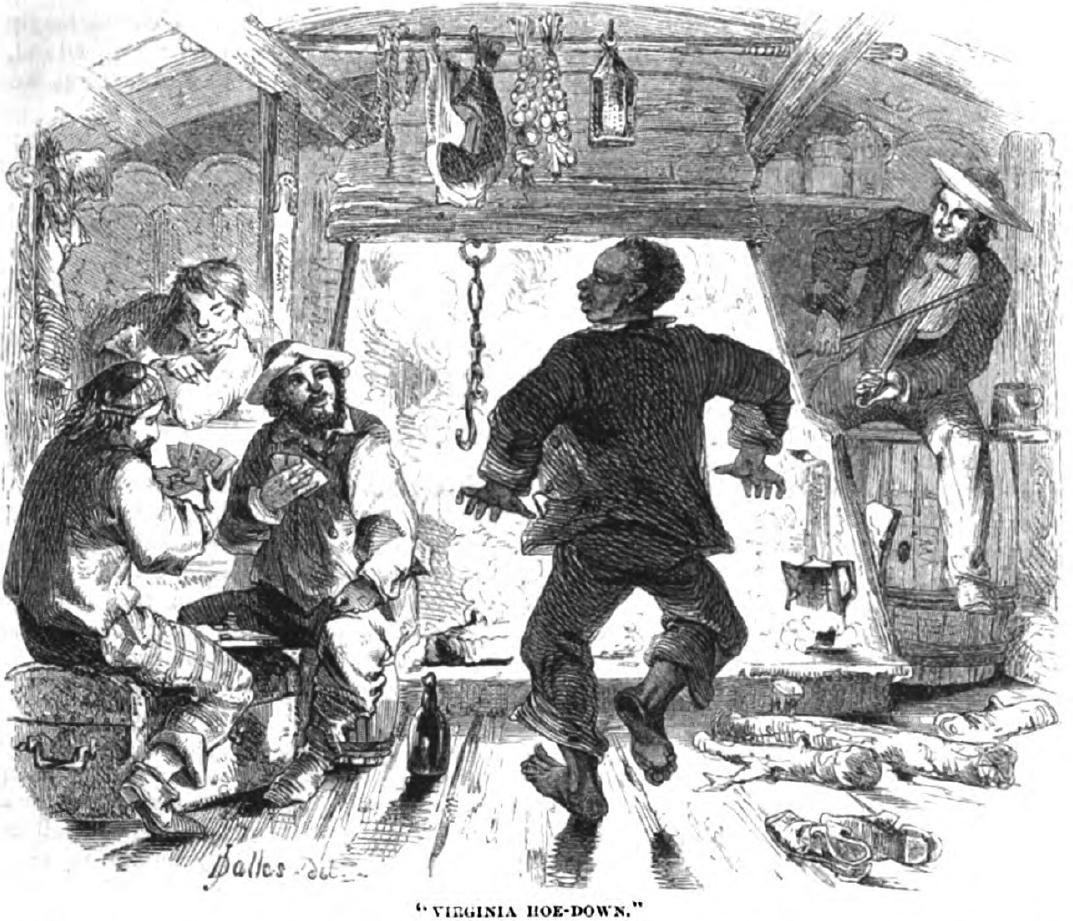 Figure 7. T. B. Thorpe, “Remembrances of the Mississippi,” Harper's New Monthly Magazine 12 (December—May 1855-56): 37-38.  Part of the impression made on these white listeners by the music of the enslaved firemen stemmed from its perception as the music of an exotic “other.” A sense that observers were participating in a forbidden aural experience drew many to witness the strenuous work in the belly of the steamer. This, combined with the sexually suggestive descriptions of the slave firemen’s bodily movements, suggests an erotically appealing performance that only some lucky few travelers could observe. Commen- tators on slave music, whether the sound appealed to them or not, often described the unfamiliar sounds in similar ways. Words used, such as “eerie,” “haunting,” and “howling,” imply that the white American and European commentators were not able to fully comprehend and define sounds unfamiliar to their aural understanding. Yet while this music sounded foreign, safe bridging mechanisms such as the minstrel stage gradually introduced it into broader American culture in whitened forms.  River tourists considered the firemen’s and other slaves’ work music as theatrical performances. It is possible that listeners thought, as Neal MacNeale had, that the firemen were the original minstrels or, if not, that watching them might be a similarly enjoyable show. One 1855 arti- cle appearing in Harper’s New Monthly Magazine described “wooding- up” at nicht on the river as a “performance” accomplished bv black 