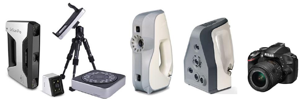 Figure 2. From left to right: Einscan-Pro, Artec Eva, Artec Spider, Nikon D3200  exposures and non-uniform lighting.  In the case of hand-held scanners, the instrumentation is rotated around the entire object with slow and uniform movements. The data collected can be monitored in real time on the notebook and displayed by the proprietary software. Sudden movements could cause a signal loss; a (frequent) problem that is most often could be handled during post-processing phase. 