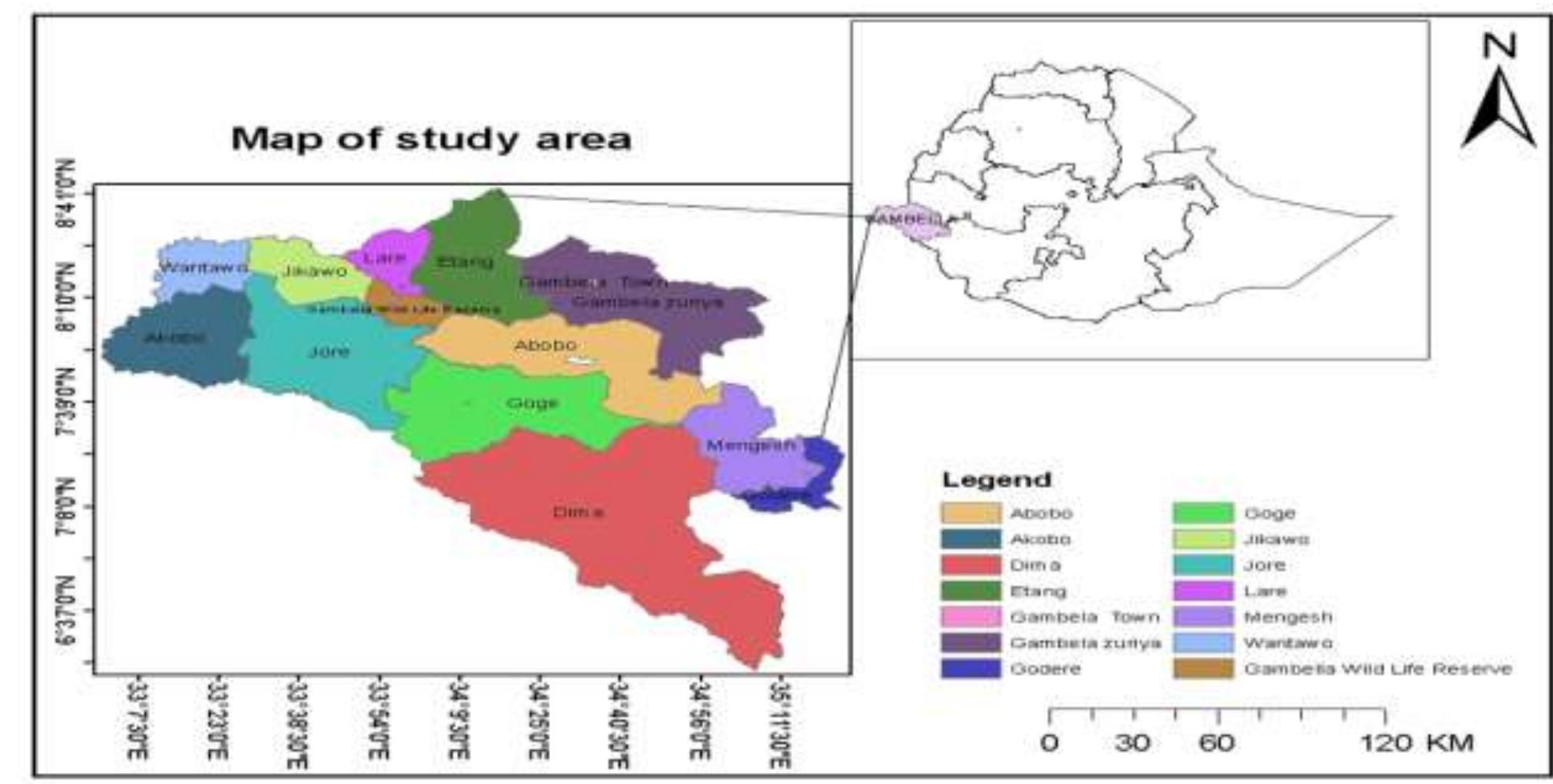 Figure1: Map of the study area Source: Ethio_GIS Data Base, ESRI ARC_GIS 10.1, 2010  The study was conducted from September 2017- June 2018, in Gambella People’s National Regional State which is located in the South Western part of the Country. It is about 777 km away from Addis Ababa, the Capital City of Ethiopia. It lies between 7°49’59’N latitude and 34°30’00”E longitudes, which covers an area of about 29,782.82 km? The Region is bounded to the North, North East and East by Oromiya National Regional State, to the South and South East by the Southern People’s National Regional State and to the South West, West and North West by the Republic of South Sudan. Its altitude ranges from 300 to 2300 m.a.s.I. with average annual temperature is 27.6°c but the mean monthly temperature varies significantly and the average annual rainfall is 1400 mm (Yeshibar, 2003). Based on the 2007 Census conducted by the Central Statistical Agency of Ethiopia (CSA), the Gambela Region has total population of 307,096, consisting of 159,787 men and 147,309 women.  