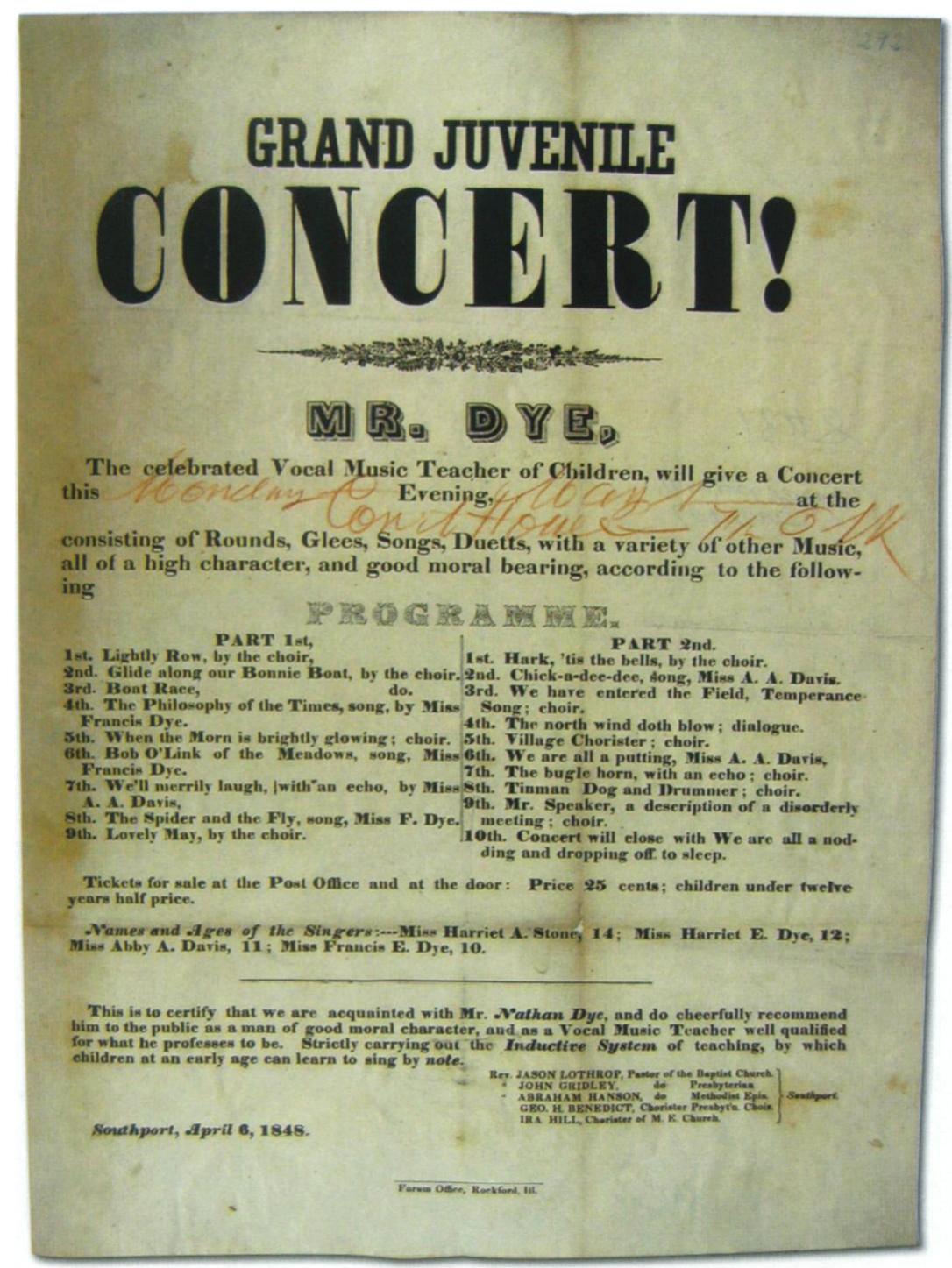 PH 5-1513  Mr. Dye first taught his popular music classes in the basement Milwaukee’s Baptist church. Five ministers from various denominations listed their names on this poster to certify Mr. Dye as a man with good moral character in addition  to his skill as a music teacher. 