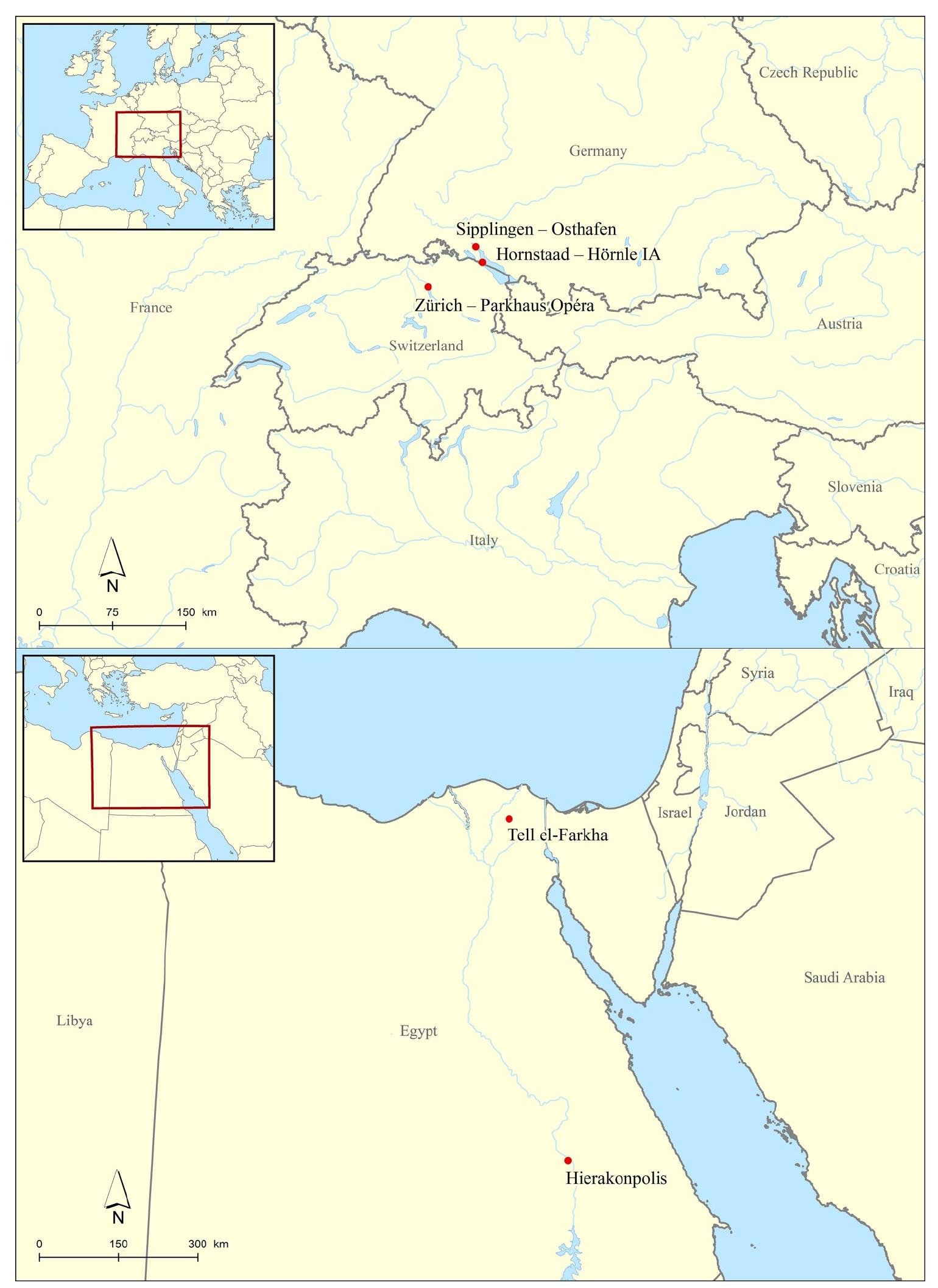 Fig 7. Site locations of the archaeological case studies. Top: central European sites, bottom: Egyptian sites. Map OAW-OAI/C. Kurtze, A. G. Heiss.