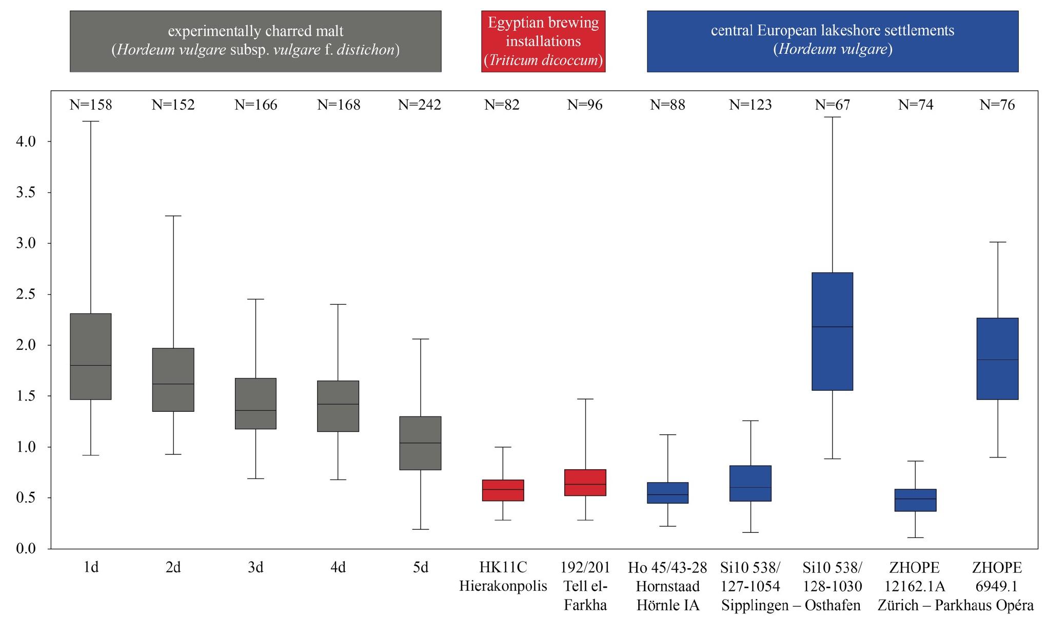 Fig 16. Aleurone double cell wall thicknesses in um, observed in experimentally charred barley malt, compared to the archaeological finds of charred cereal preparations included in this study. For descriptive statistics of the raw data see S3 Table, for normality tests see S4 Table, for post hoc tests see Table 1. Figure: OAW-OAI/ A. G. Heiss. depleted of its contents, or cell wall thinning observable in the outer layers of the grain. We therefore conclude that materials from all five archaeological sites reveal clear evidence of sprouted grains which were later ground and transformed into a food preparation. The markedly thin-walled emmer (Triticum dicoccum) aleurone patches from the known brewing installations at Hierakonpolis (Fig 8) and Tell el-Farkha (Fig 9) are a clear confirmation of our experimentally supported suggestions for detecting malt in charred archaeological cereal prod- ucts, possibly indicating sprouting periods exceeding five days. The barley (Hordeum vulgare) aleurone tissues found at Hornstaad—Hérnle IA (Fig 10), Sipplingen—Osthafen (Sil0 538/127- 1054, Fig 11), and Ziirich-Parkhaus Opéra (ZHOPE 12162.14A, Fig 13) also clearly confirm the presence of malted cereal grains as the basis of the analysed cereal products and sprouting seems to have taken place to a similar extent as in the Egyptian finds. In contrast, the reference samples of food crusts from Sipplingen-Osthafen (Si10 538/128-1030, Fig 12) and from Ziirich-Par- khaus Opéra (ZHOPE 6949.1, Fig 16) do not displav any marked traces of aleurone thinning