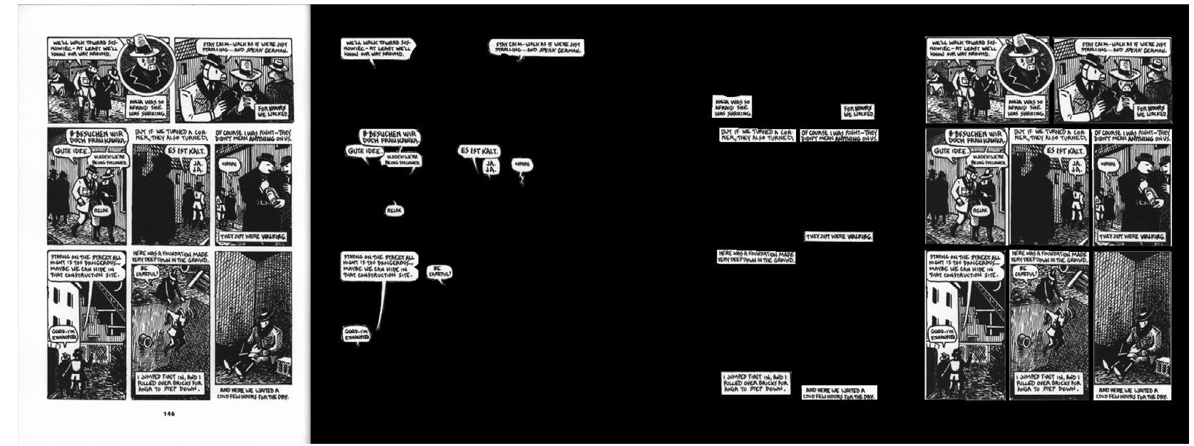 Fig. 1. Comic page (Spiegelman, 1997, p. 146) with ground truth annotations for speech balloons, captions, and panels (from left to right). Excerpt from COMPLETE MAUS by Art Spiegelman. Copyright © 1973, 1980, 1981, 1982, 1983, 1984, 1985, 1986, 1989, 1990, 1991, 1997 by Art Spiegelman, used by permission of The Wylie Agency LLC.