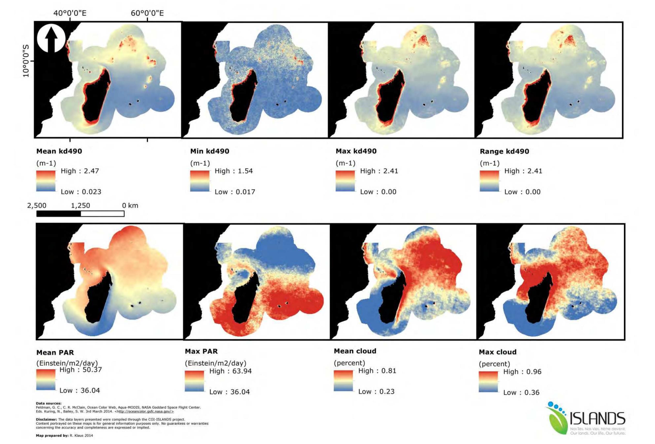 Figure 1-9: Variation in Diffuse attenutation (m7') in south-western Indian Ocean as measured using kd490nm(Aqua-MODIS 2002-2009 9 km?), showing: (a) mean DA, (b) minimum DA (c) maximum DA and (d) variation in DA; (e) mean and (f) maximum Photosynthetically Active Radiation (PAR), and (g) mean and (h) maximum Cloud cover. 