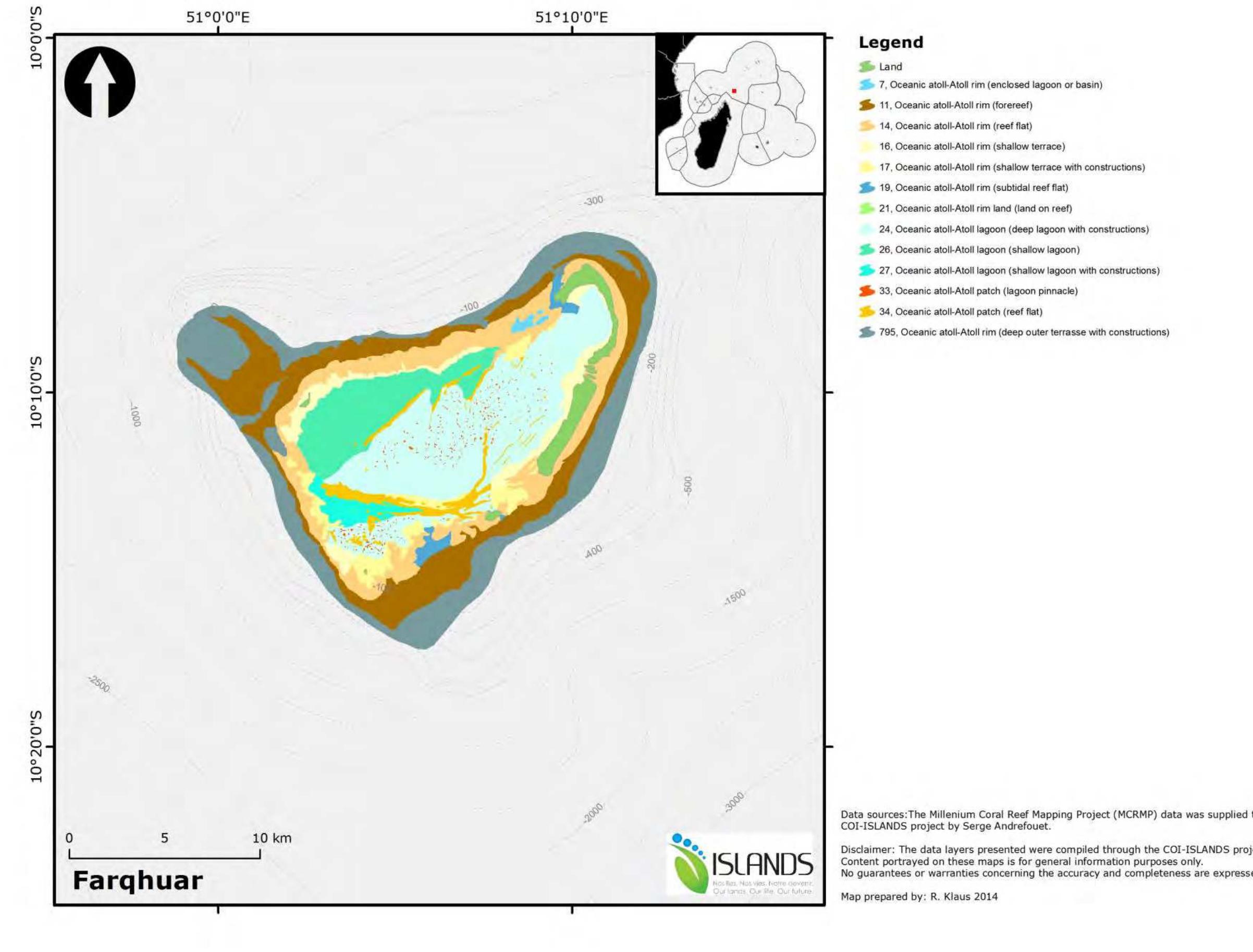 Figure 1-36: The marine habitats of the Farqhuar mapped using the Millennium Coral Reef Mapping Project data (Andrefouét et al. 2009). 