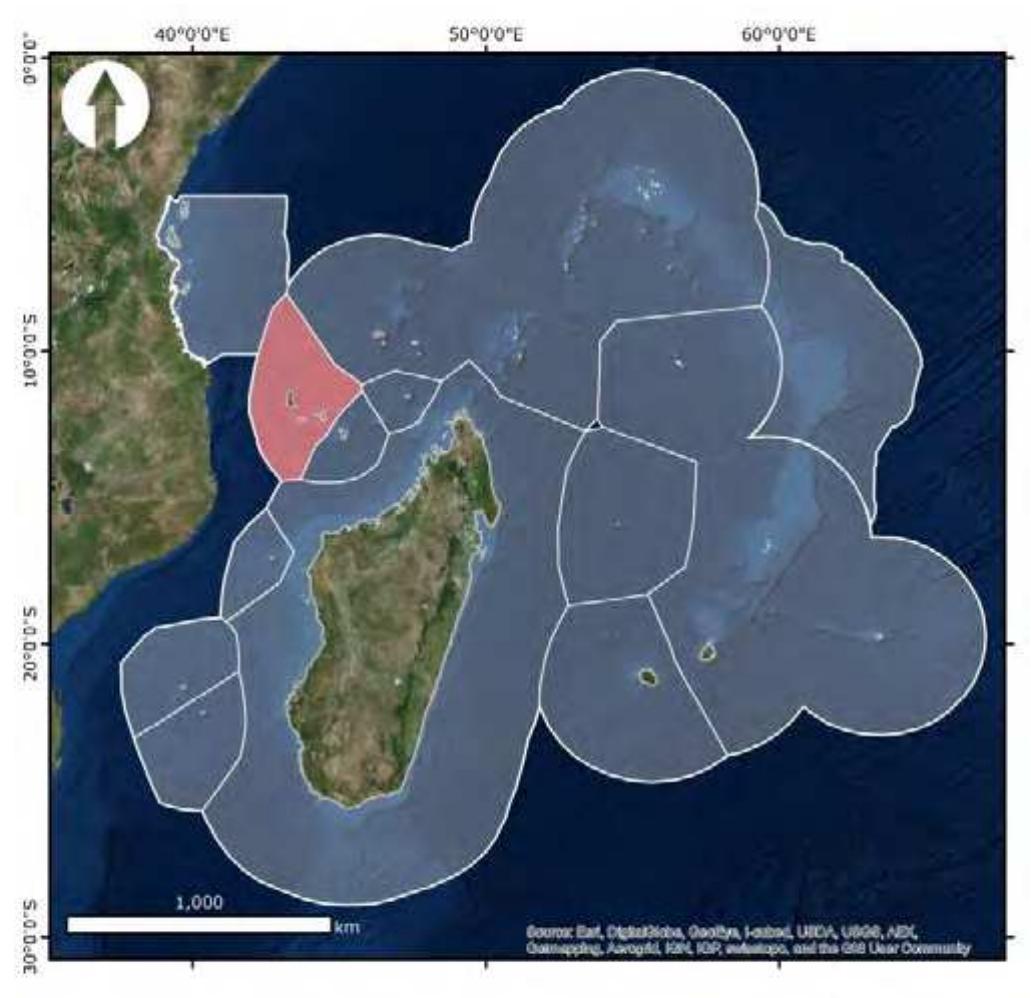 Contact details: Community Centred Conservation (C3), Lot IB 65 Bis Isoraka Antananarivo 101; T. +261 328 088 8315, email info@c-3.org.uk   Figure 2-49: Map of the Indian Ocean, showing the Exclusive Economic Zones of the Comoros (red). 