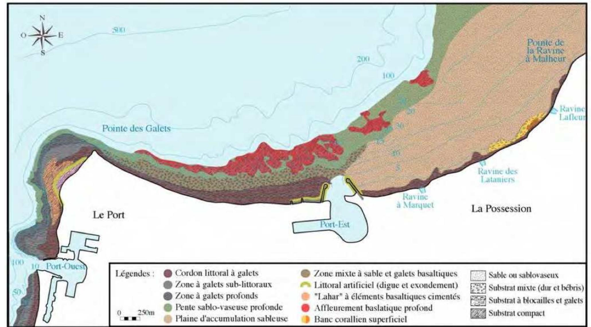 Figure 3-58: Geomorphologic and sedimentological map of the Bay of La Possession (Sources: Bigot et a/., 1998, and Guennoc et a/., in Pinault M., 2013) 