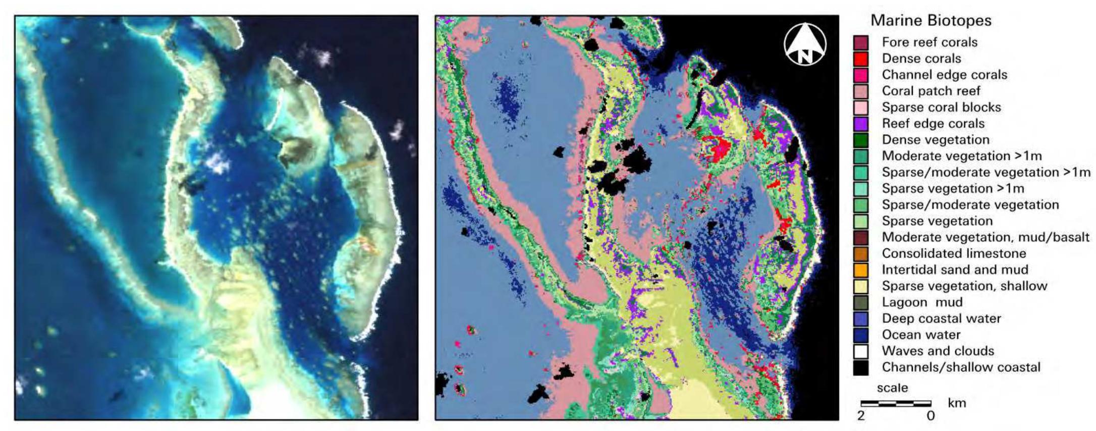 Figure 5-72: A section of the biotope map of St Brandon, prepared using spectral signatures derived from the ground-truthin« surveys from Rodrigues (Tyack 2002). 
