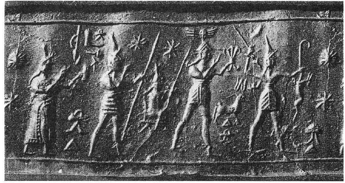 Now, according to Porada (1981-2: 46) this procession of deities formed the original design of the cylinder seal, and the hieroglyphic legends as well as the small seated figure with a lance in his left hand were added later, presumably by another artist. However this may be, it is of vital importance for our understanding of the composition in its entirety that the hieroglyphs and decorative motifs are added to the front of the deity  with which th  ese are associated. Thus, the tu  is associated with the wish-formula consisting of the combination of  LH 370 ASU in  of the symbol  the ox-sign LH the wish-formula. In similar vein, the third d  associated wit what appears  th the legend in form of  107 MUWA, mu. Below this, we eity in the procession, t  and in front o supposed shie  f the shield as well as the third d.  telary deity at the head of the procession LH 369 vita with front of him, so that the wish pertains to the state or community involved as a whole. Next, the sun-god is associated wi of lightning LH 199 TARHUNT, ha with what at first sight  the combination  appears to be  are confronted with a second instance of he storm-god, is h the seated figure in front of him. Finally, then, the godd to be a shield is associated with the Luwian hieroglyphic legend above instance of the wish-formula below the  ess holding up 