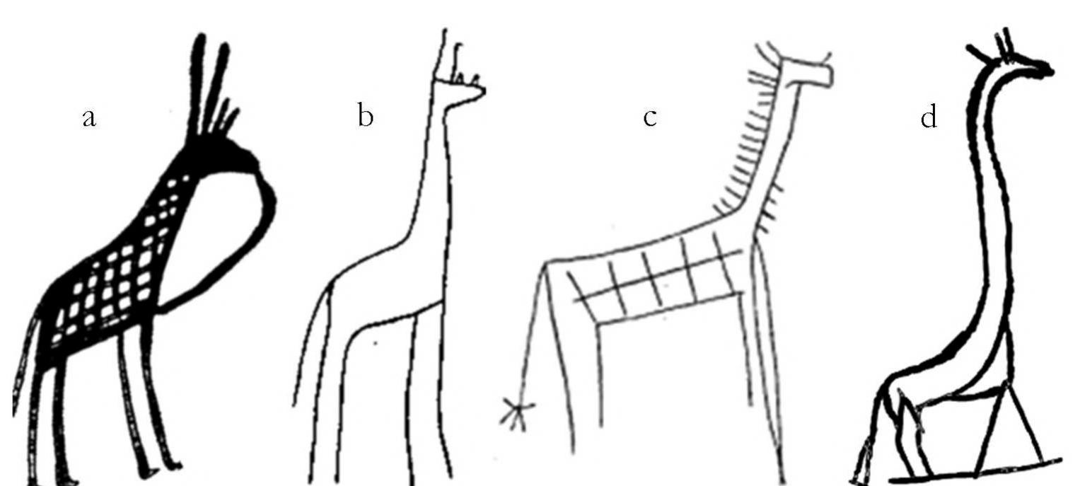 Figure 3a—d—Sample of giraffes with two sets of ears/horns at various angles and lengths (Nagada IIA-IIA): 3a. D-Ware jar, unknow1 provenance. Berlin Agyptisches Museum inv.no. 15129 (after Scharff, Die Altertiimer [1931], 150, Abb. 58); 3b. “Potmark” on L-war jar, Mahasna, settlement $2. Pitt-River Museum inv.no. 1901.42.166 (after Garstang, Mahisna and Bet Khallaf(1903], pl. IV); 3c. Thebai mountain, hinterland of Luxor (after Cottevieille-Giraudet, “Gravures protohistoriques” [1930], pl I.4b); 3d. Abydos temple, Protodynasti levels. Boston Museum of Fine Arts inv.no. 03.1959 (drawing by the author). 